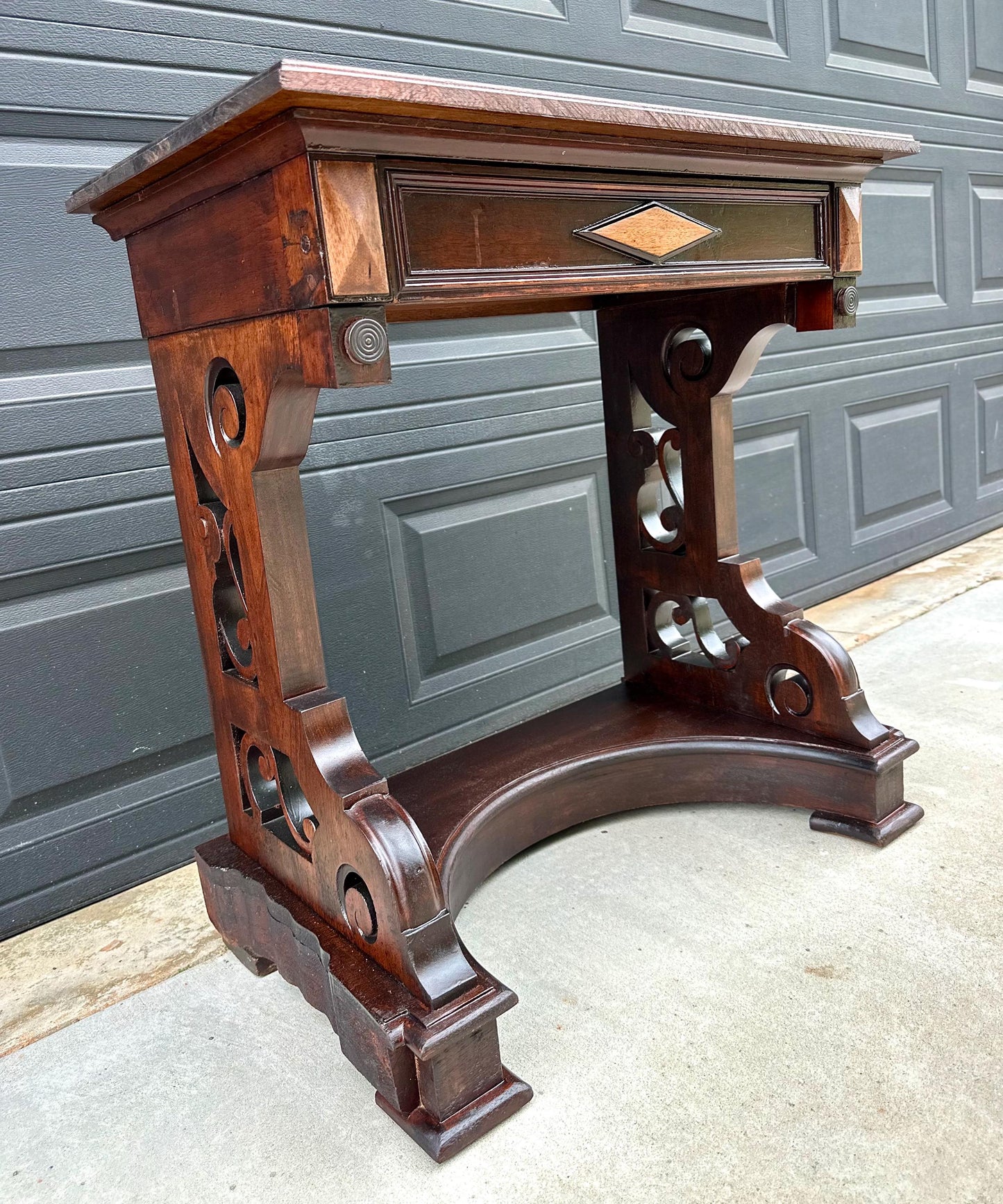 Antique Mid 19th Century Two Tone Mahogany Single Drawer Decorative Accent Carved Entry Table 31" Wide