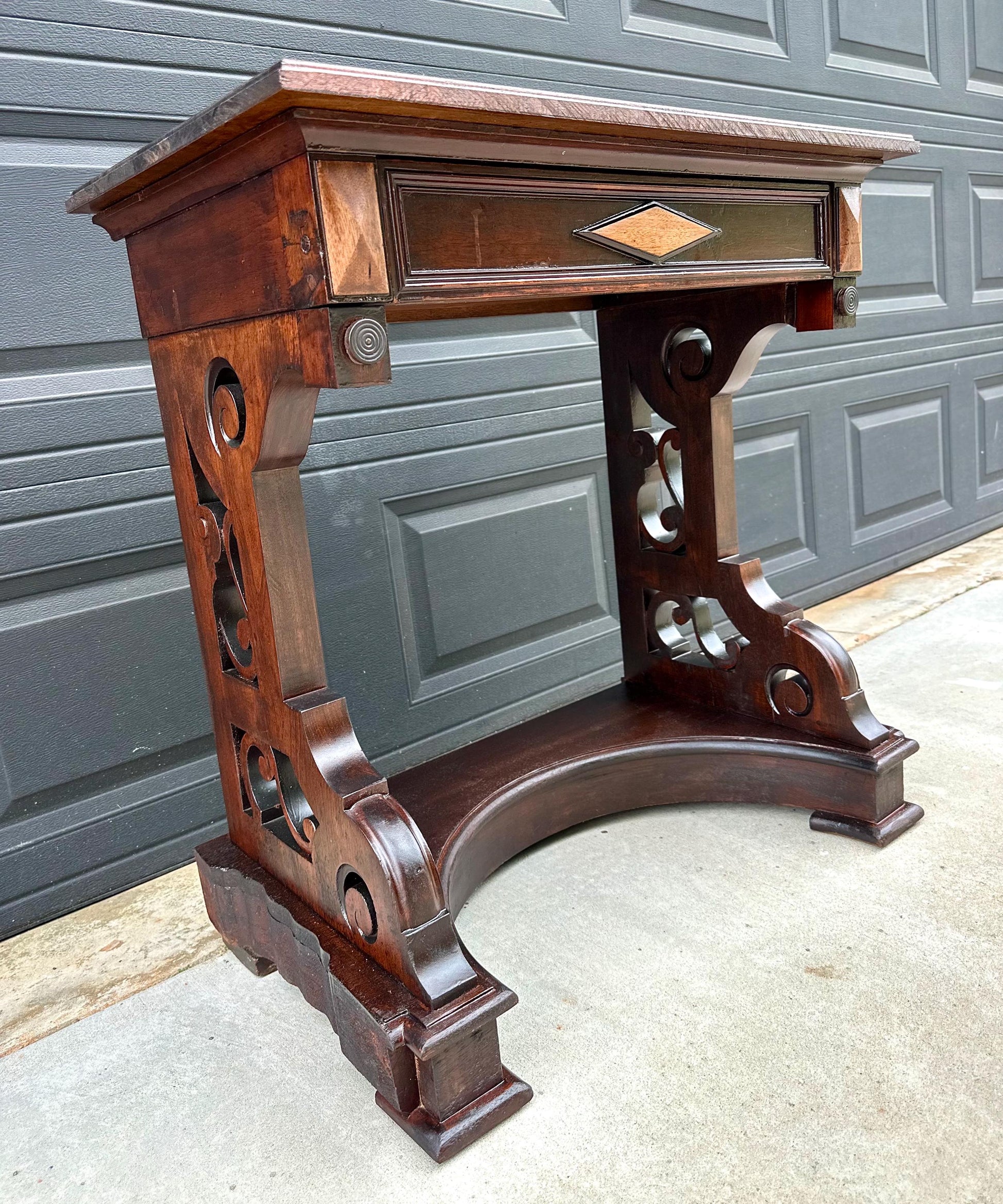 Antique Mid 19th Century Two Tone Mahogany Single Drawer Decorative Accent Carved Entry Table 31" Wide