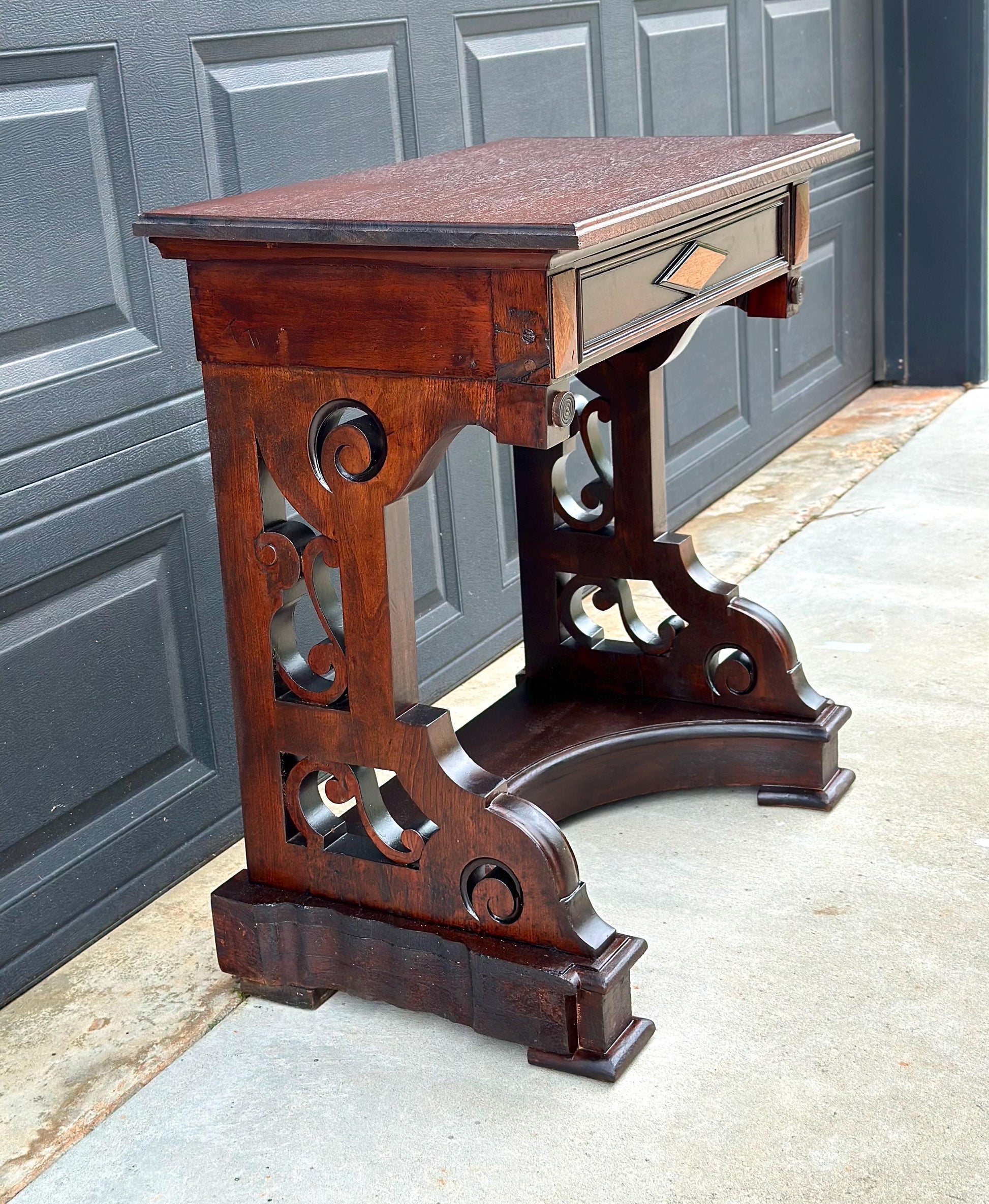 Antique Mid 19th Century Two Tone Mahogany Single Drawer Decorative Accent Carved Entry Table 31" Wide