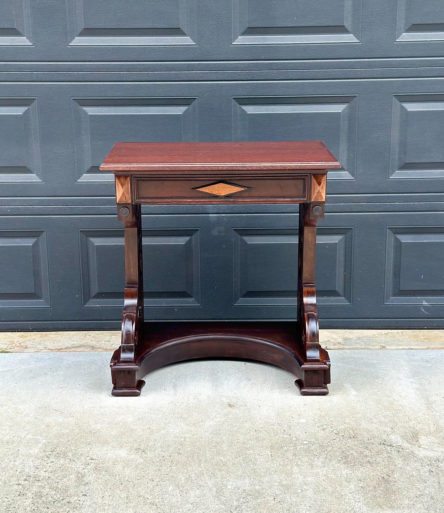 Antique Mid 19th Century Two Tone Mahogany Single Drawer Decorative Accent Carved Entry Table 31" Wide