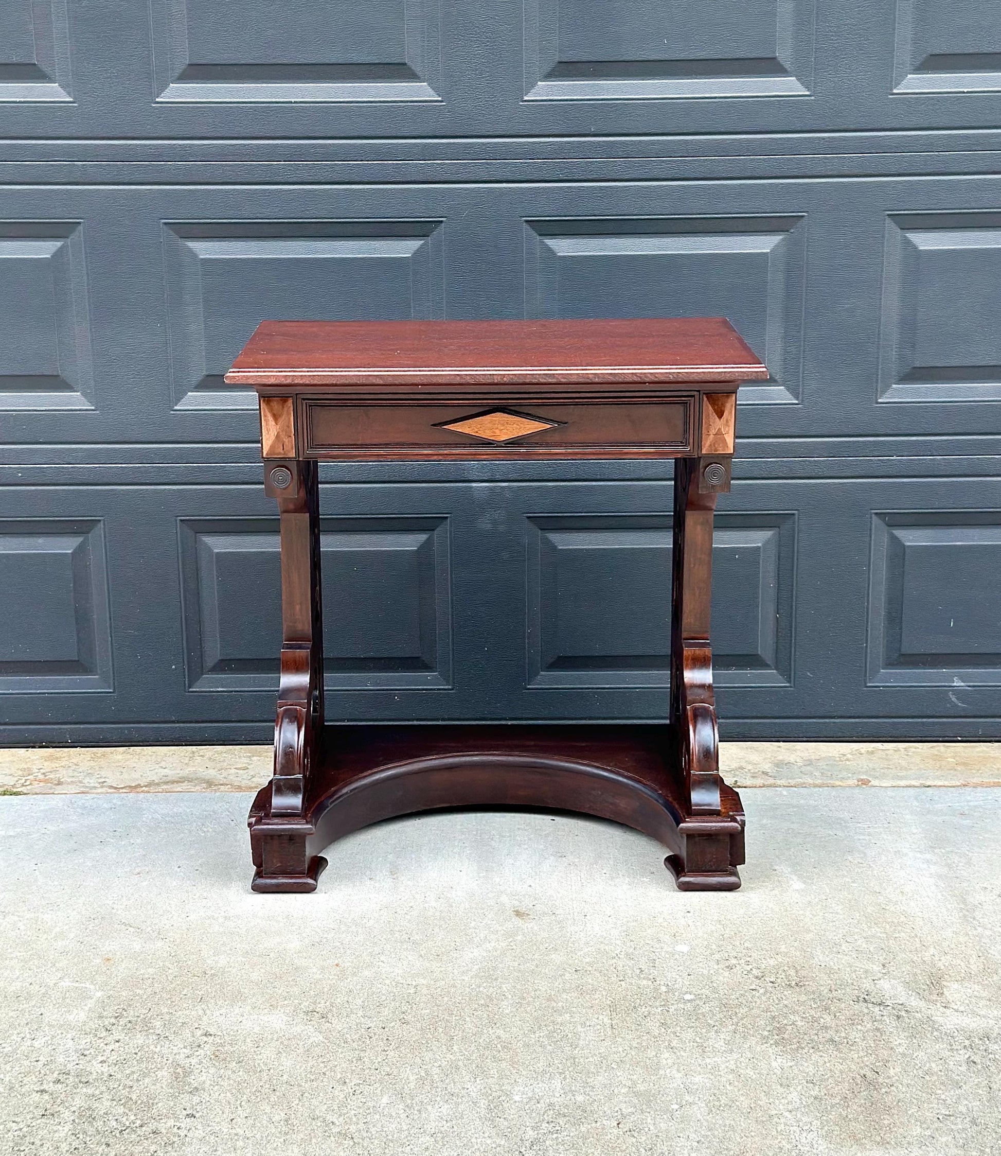 Antique Mid 19th Century Two Tone Mahogany Single Drawer Decorative Accent Carved Entry Table 31" Wide