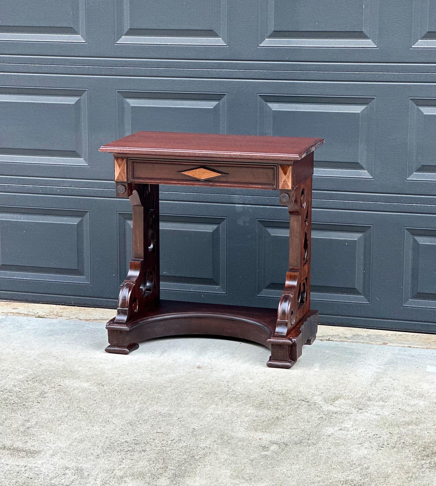 Antique Mid 19th Century Two Tone Mahogany Single Drawer Decorative Accent Carved Entry Table 31" Wide