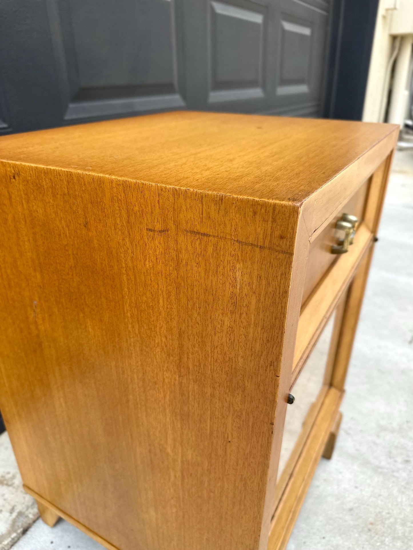 Vintage Authentic Mid Century Honey Maple & Woven Cane Pull Up Tray Bedside Chest with Enclosed Shelving 20" Wide
