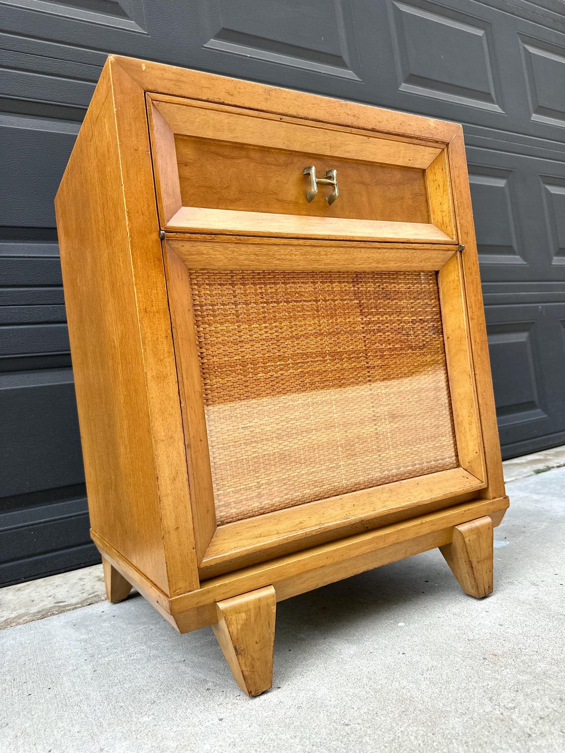 Vintage Authentic Mid Century Honey Maple & Woven Cane Pull Up Tray Bedside Chest with Enclosed Shelving 20" Wide