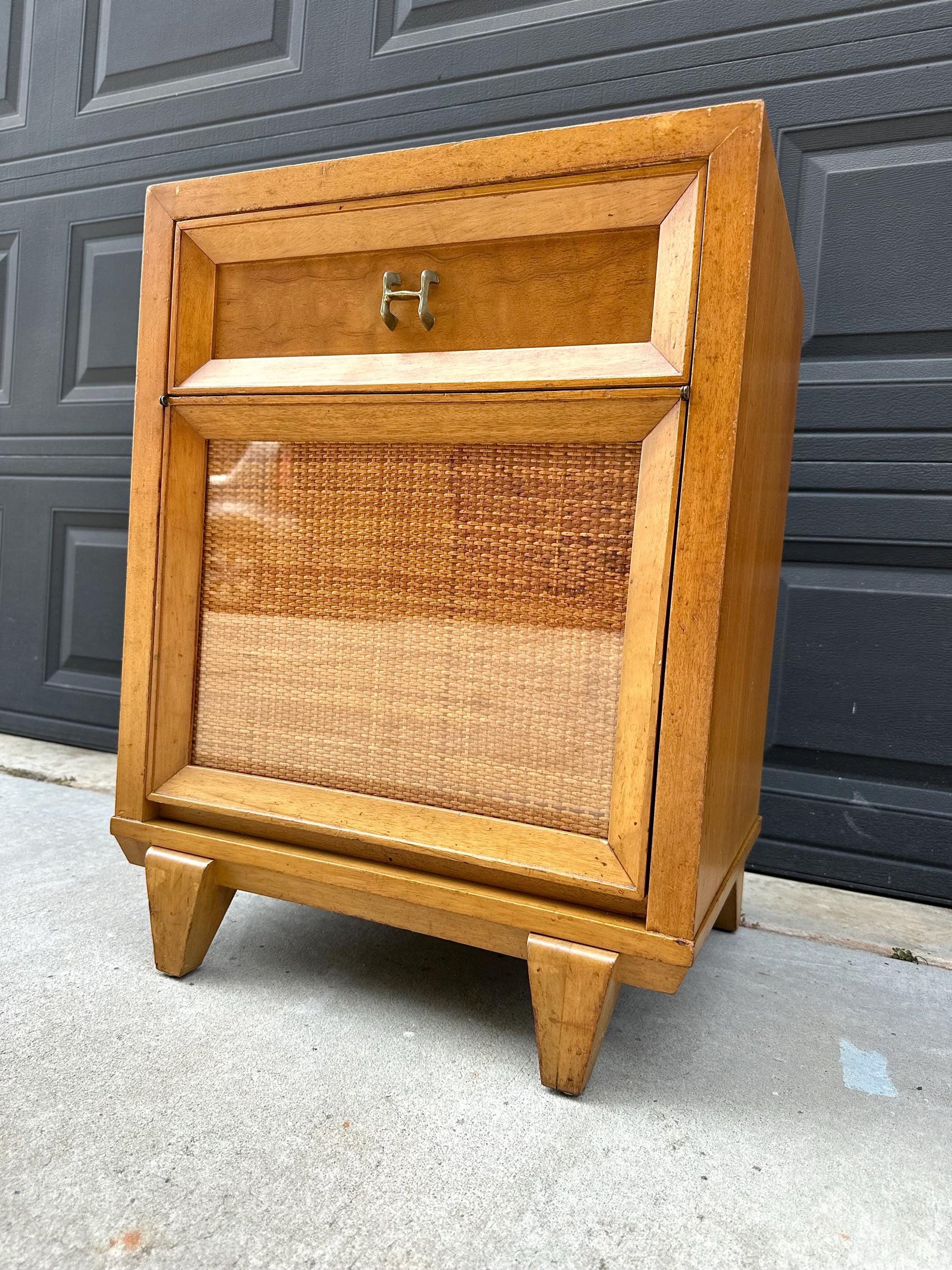 Vintage Authentic Mid Century Honey Maple & Woven Cane Pull Up Tray Bedside Chest with Enclosed Shelving 20" Wide
