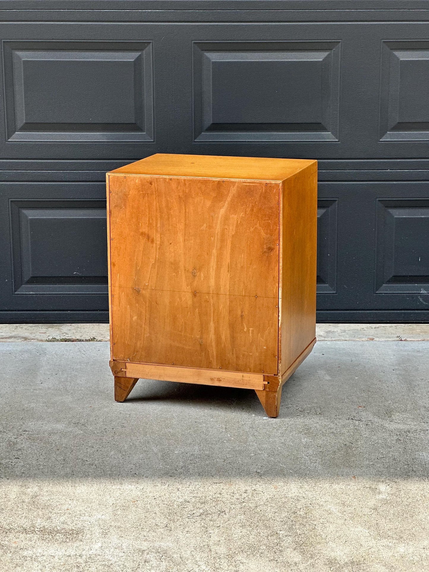 Vintage Authentic Mid Century Honey Maple & Woven Cane Pull Up Tray Bedside Chest with Enclosed Shelving 20" Wide