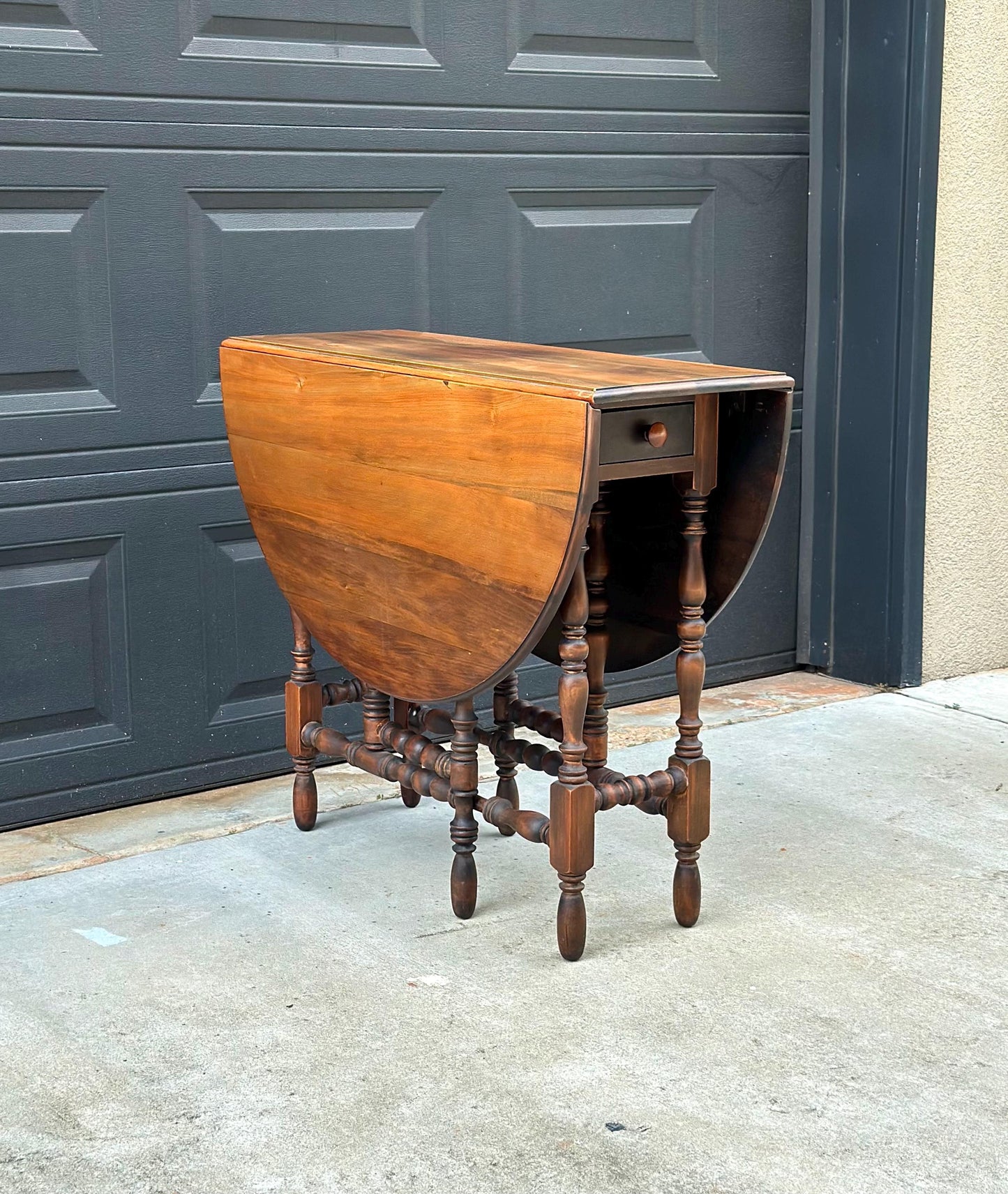 Antique Early 20th Century Maple & Walnut Turned Gateleg Drop Leaf Single Drawer Dining Table 48" Wide