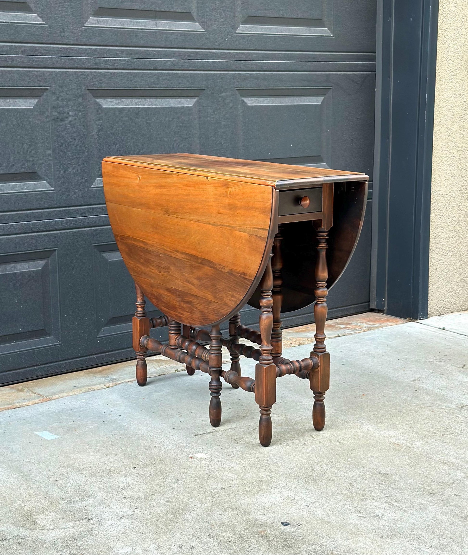 Antique Early 20th Century Maple & Walnut Turned Gateleg Drop Leaf Single Drawer Dining Table 48" Wide