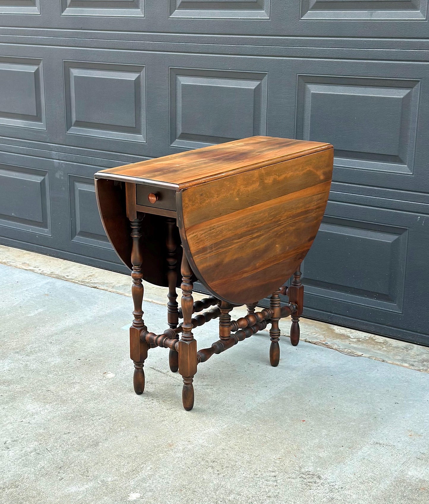 Antique Early 20th Century Maple & Walnut Turned Gateleg Drop Leaf Single Drawer Dining Table 48" Wide