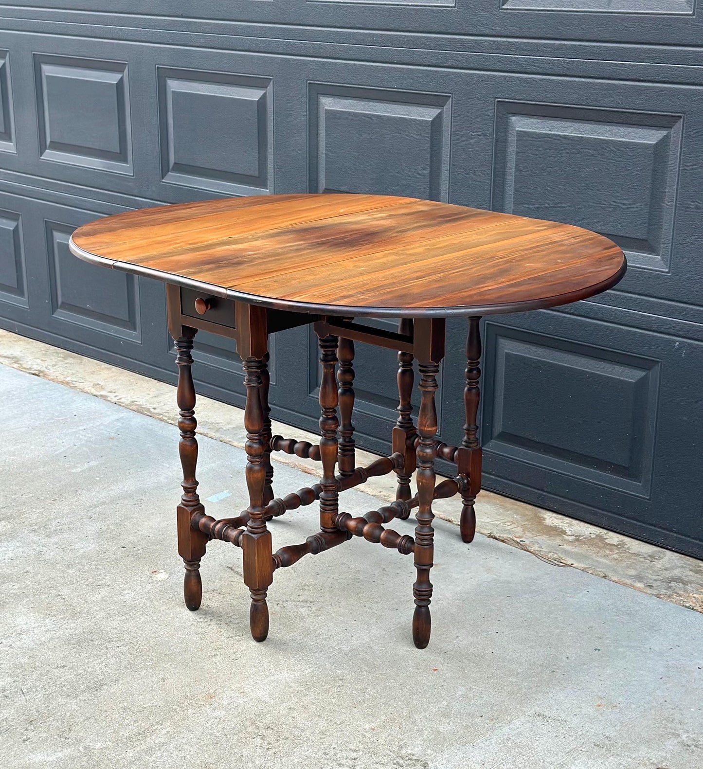 Antique Early 20th Century Maple & Walnut Turned Gateleg Drop Leaf Single Drawer Dining Table 48" Wide