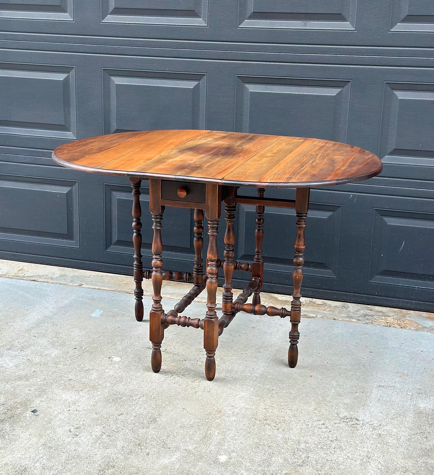 Antique Early 20th Century Maple & Walnut Turned Gateleg Drop Leaf Single Drawer Dining Table 48" Wide