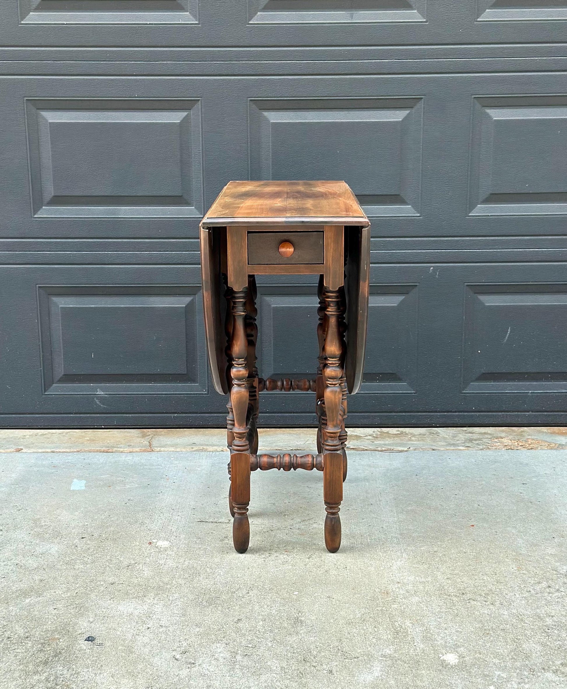 Antique Early 20th Century Maple & Walnut Turned Gateleg Drop Leaf Single Drawer Dining Table 48" Wide
