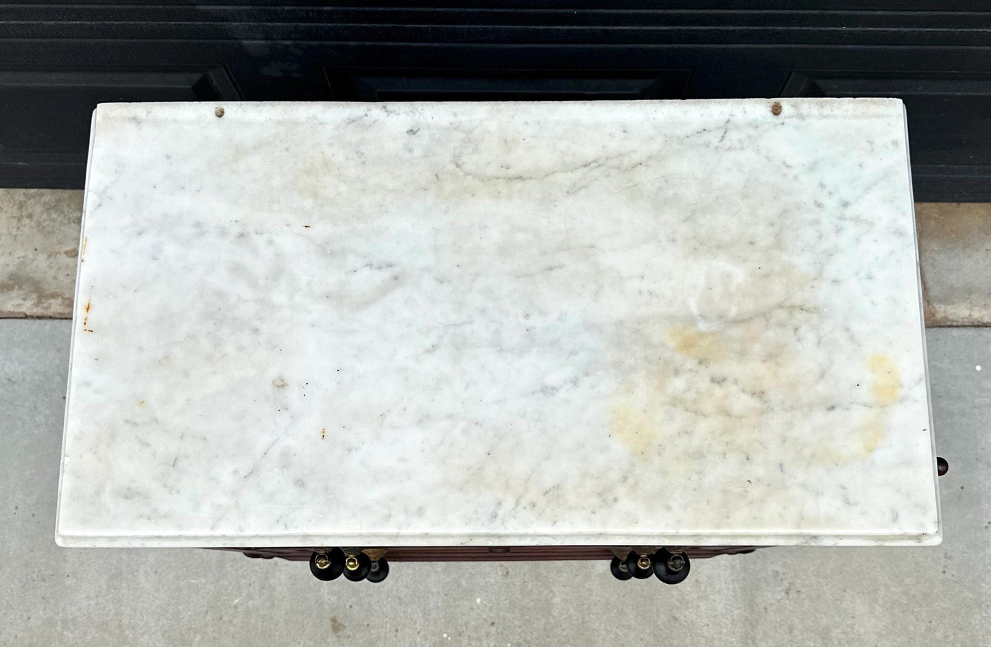 Antique Late 19th Century Solid Walnut Marble Top Eastlake Washstand Chest with Porcelain Casters & Pull Out Towel Bar 30" Wide