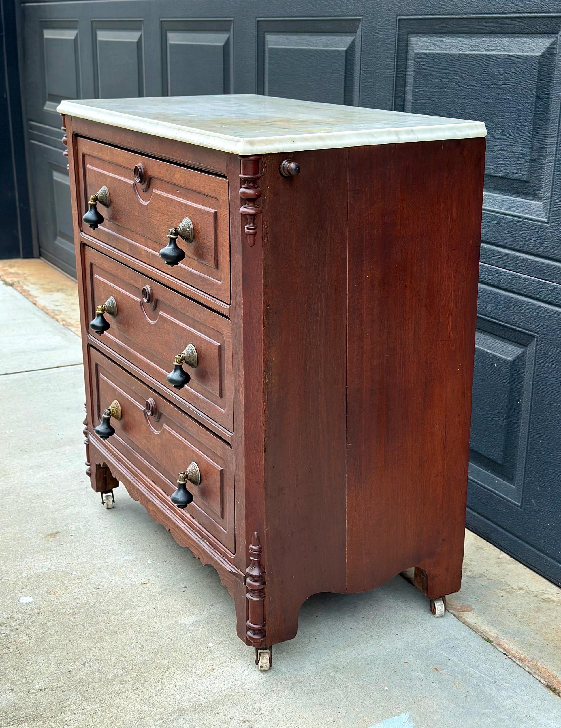 Antique Late 19th Century Solid Walnut Marble Top Eastlake Washstand Chest with Porcelain Casters & Pull Out Towel Bar 30" Wide