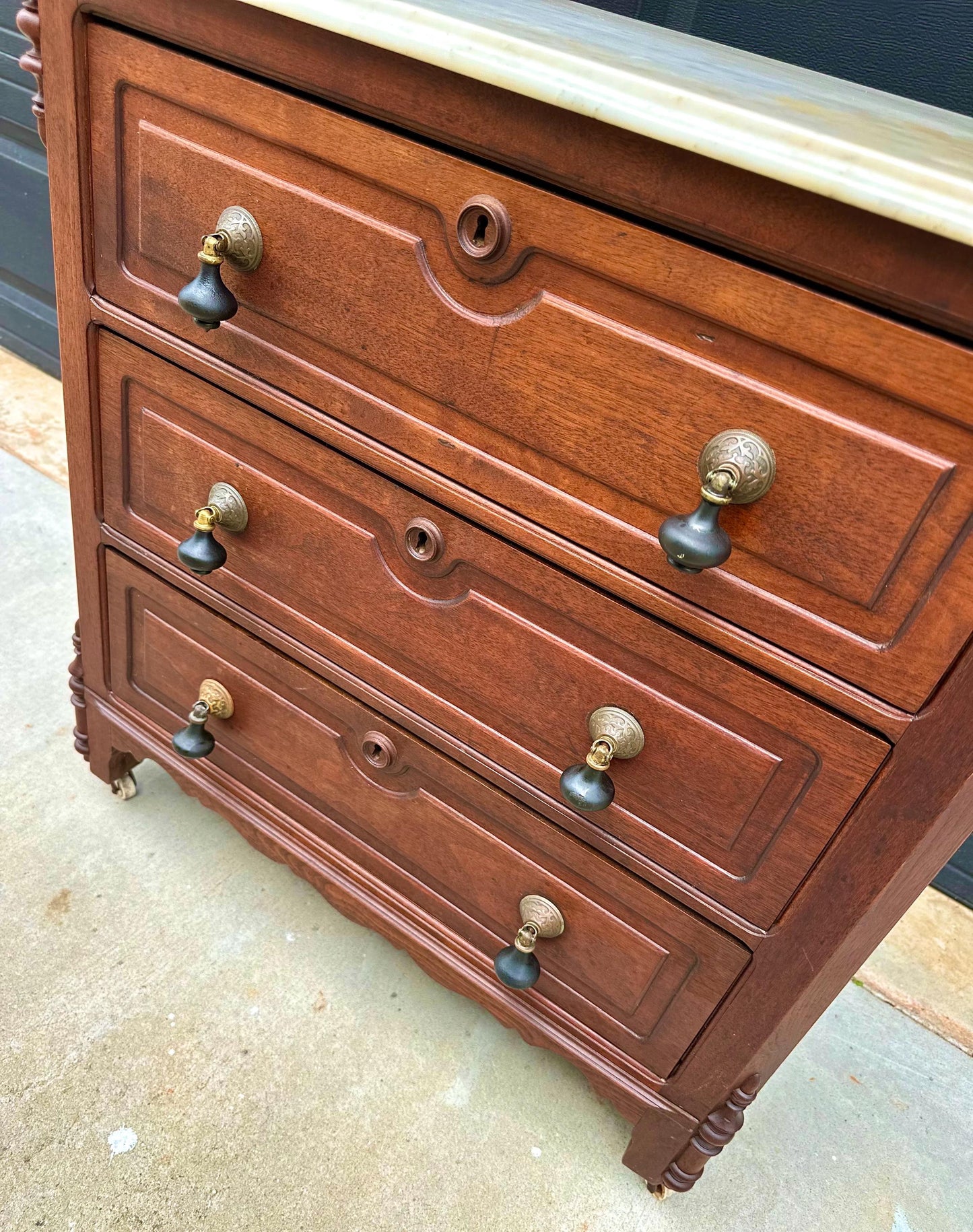Antique Late 19th Century Solid Walnut Marble Top Eastlake Washstand Chest with Porcelain Casters & Pull Out Towel Bar 30" Wide