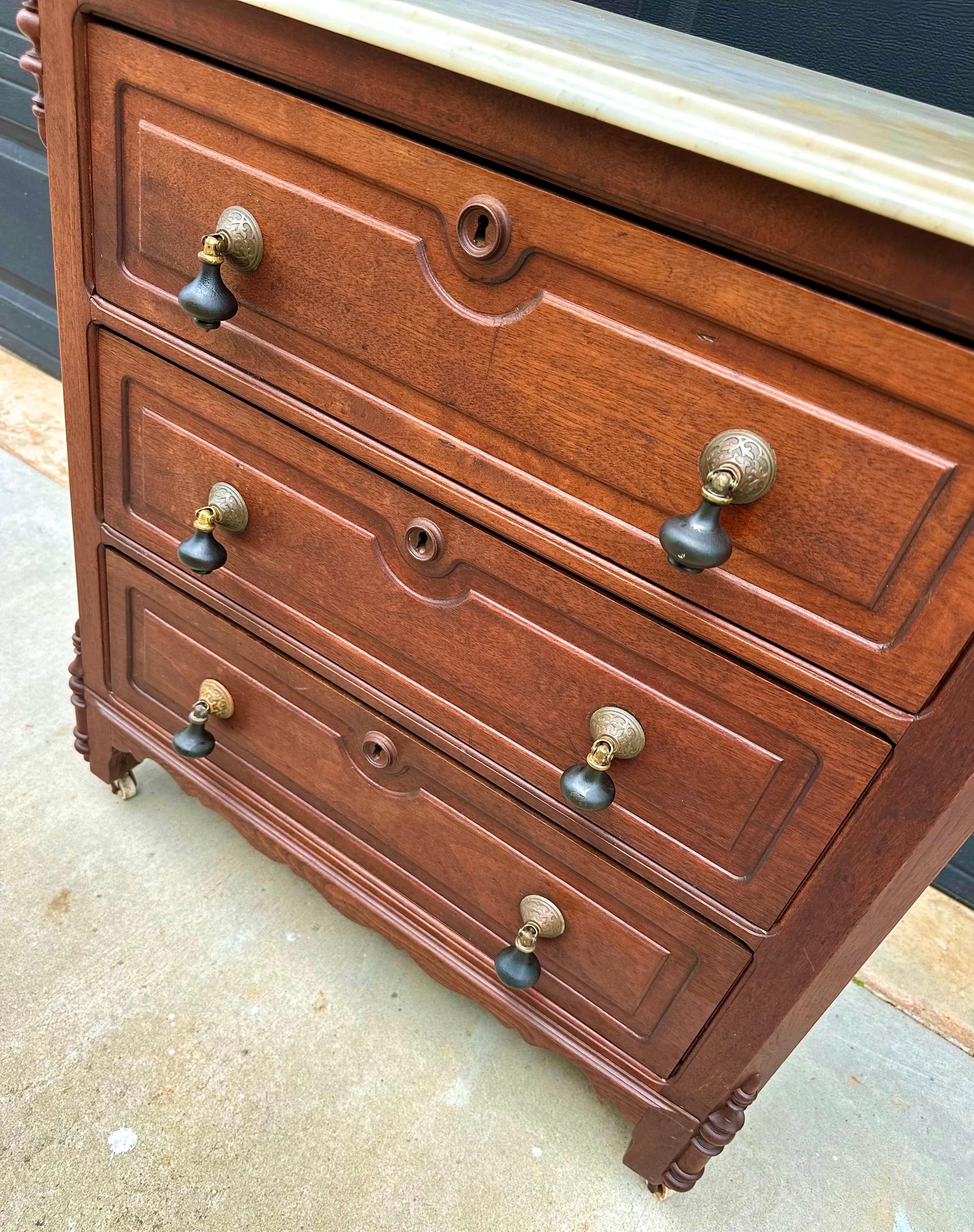 Antique Late 19th Century Solid Walnut Marble Top Eastlake Washstand Chest with Porcelain Casters & Pull Out Towel Bar 30" Wide