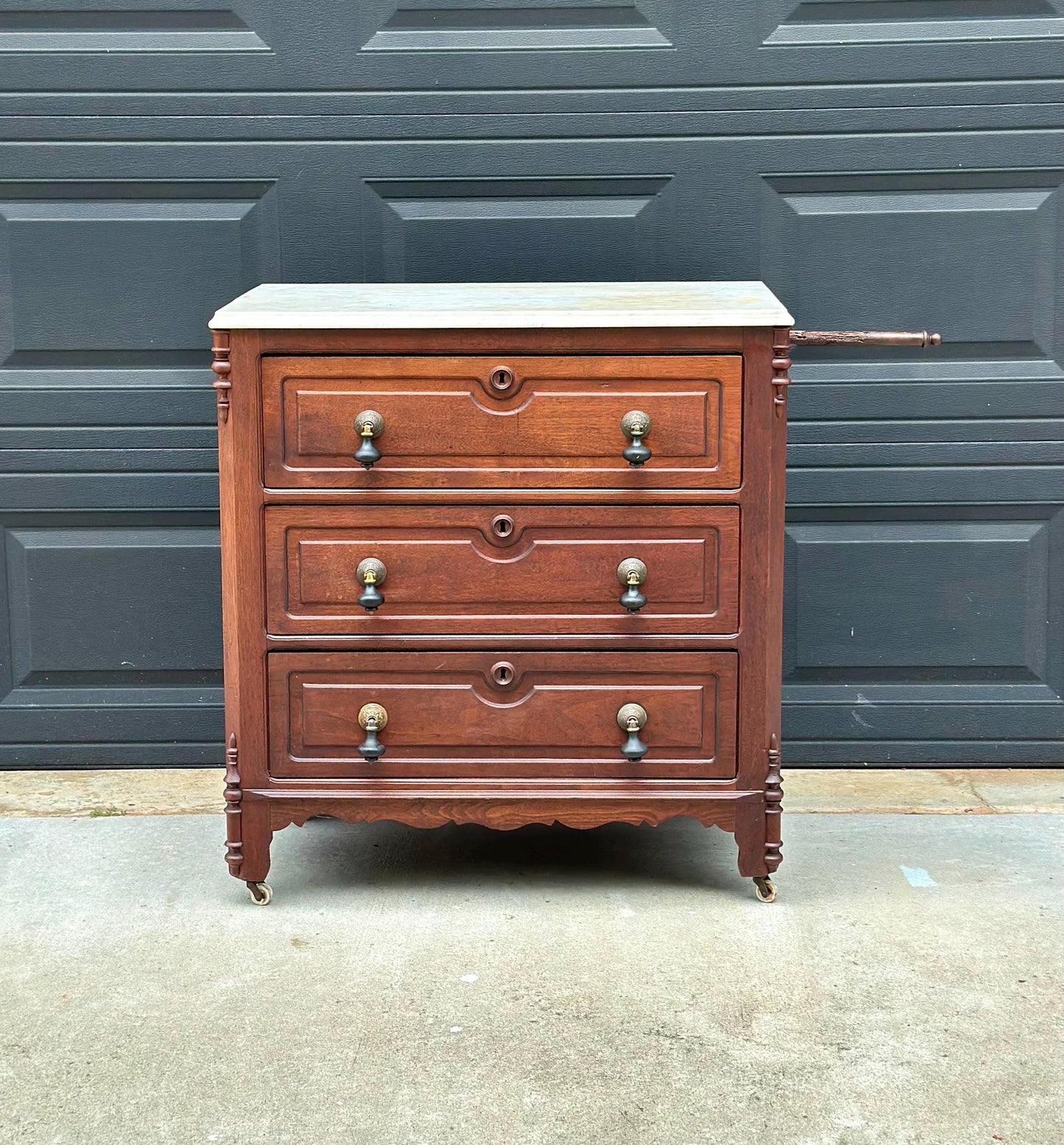 Antique Late 19th Century Solid Walnut Marble Top Eastlake Washstand Chest with Porcelain Casters & Pull Out Towel Bar 30" Wide