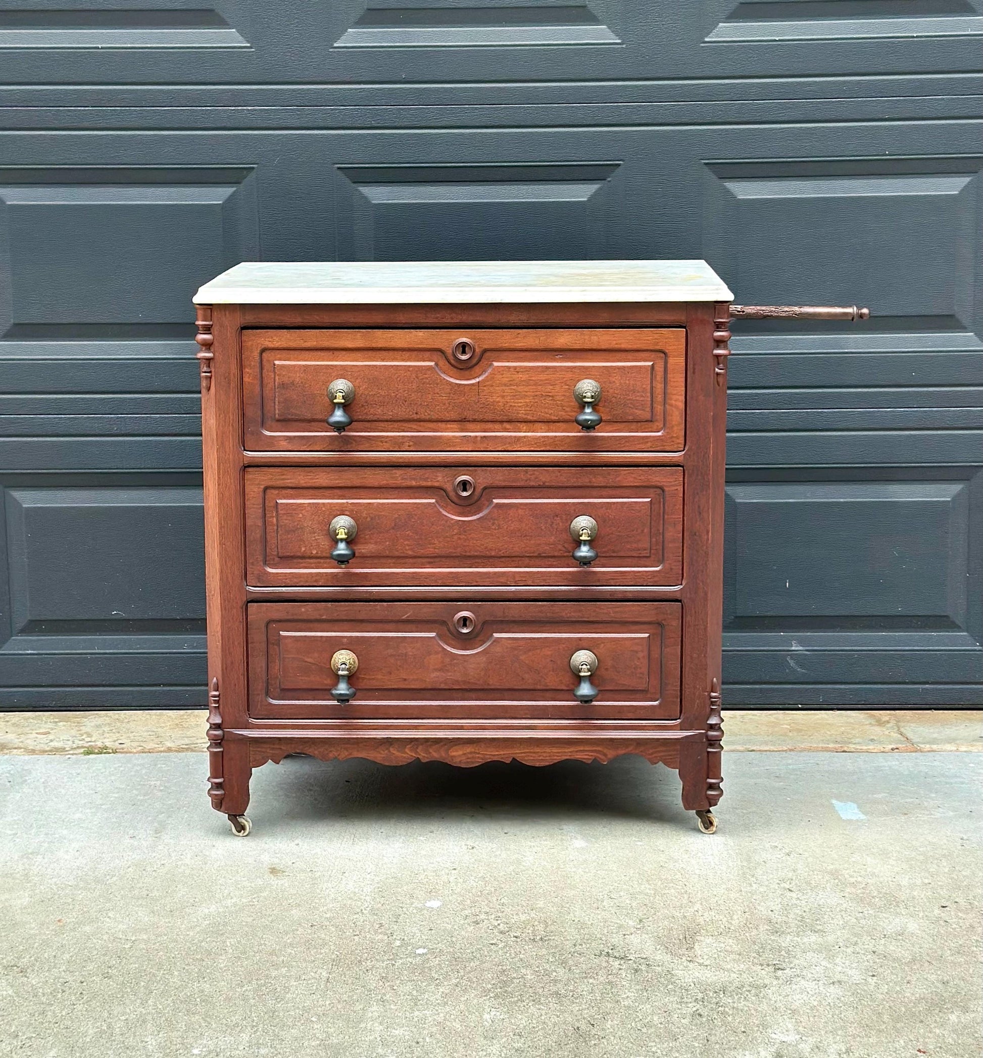 Antique Late 19th Century Solid Walnut Marble Top Eastlake Washstand Chest with Porcelain Casters & Pull Out Towel Bar 30" Wide