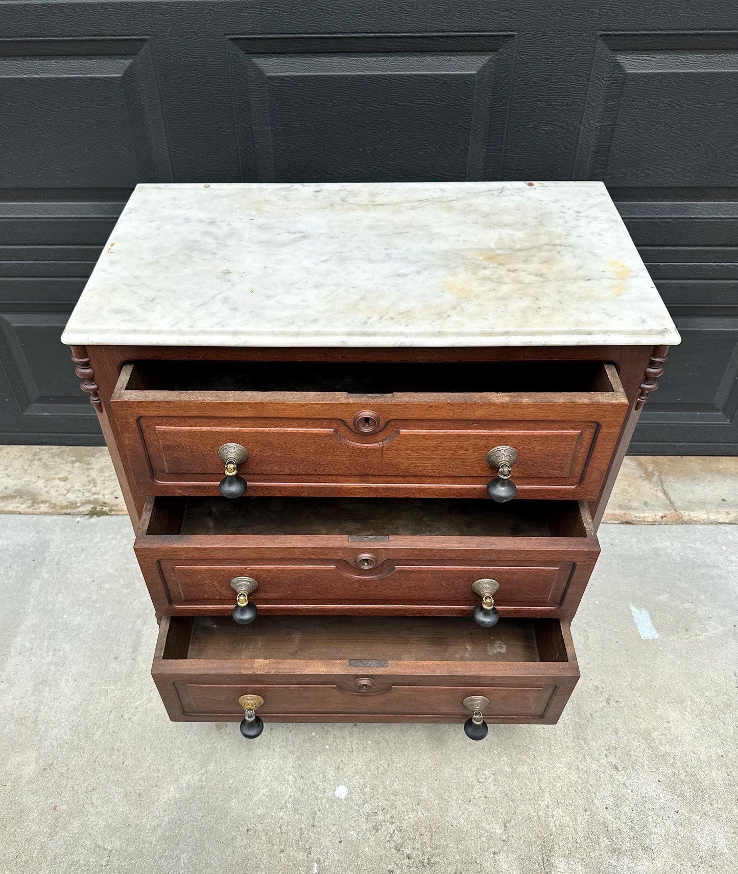 Antique Late 19th Century Solid Walnut Marble Top Eastlake Washstand Chest with Porcelain Casters & Pull Out Towel Bar 30" Wide