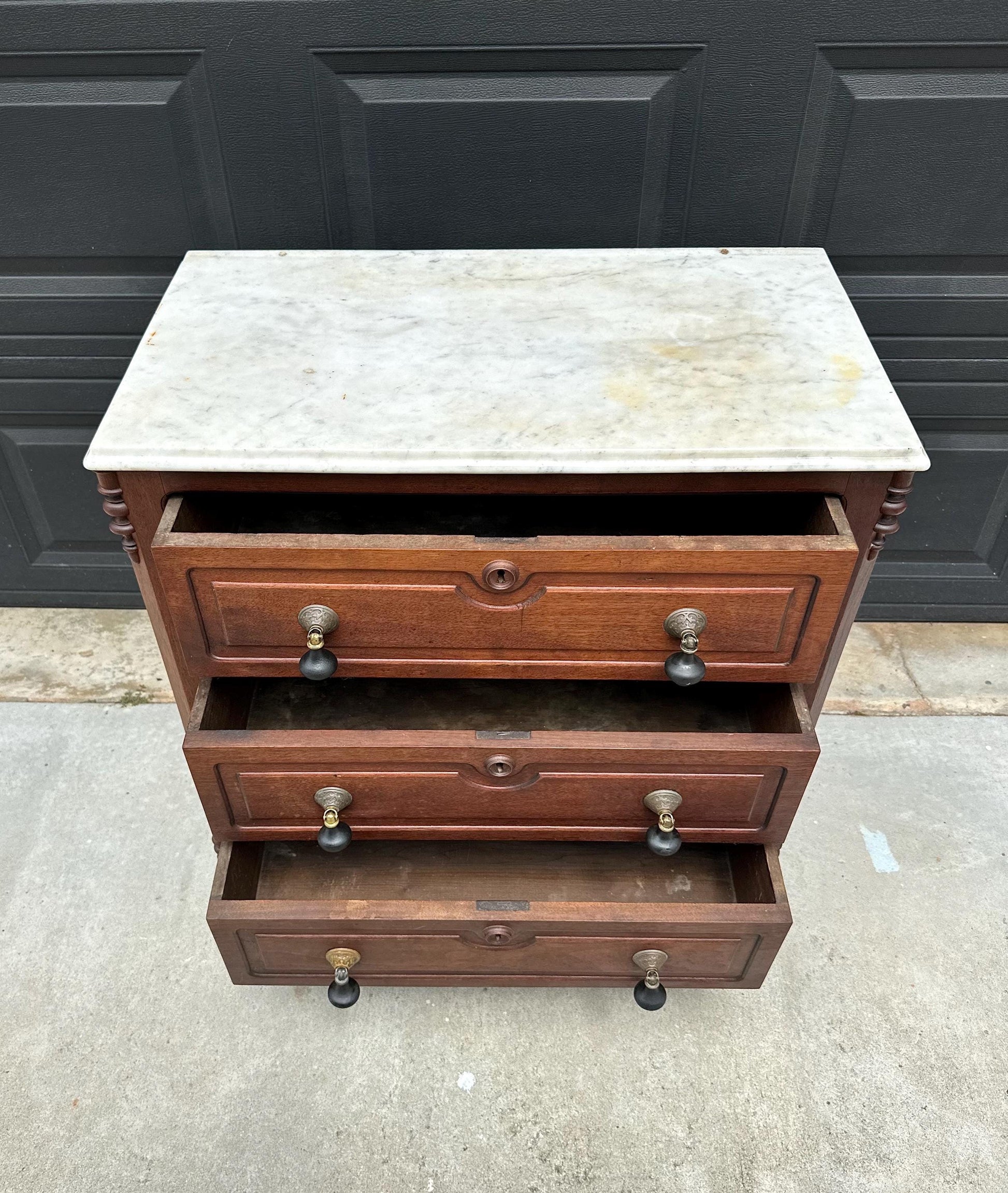Antique Late 19th Century Solid Walnut Marble Top Eastlake Washstand Chest with Porcelain Casters & Pull Out Towel Bar 30" Wide