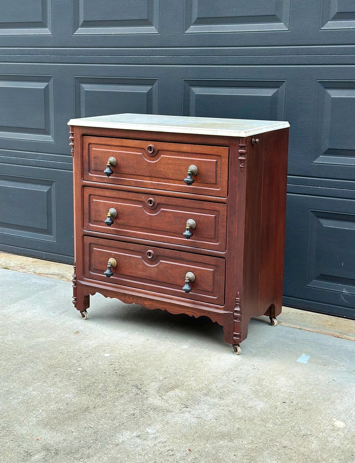 Antique Late 19th Century Solid Walnut Marble Top Eastlake Washstand Chest with Porcelain Casters & Pull Out Towel Bar 30" Wide