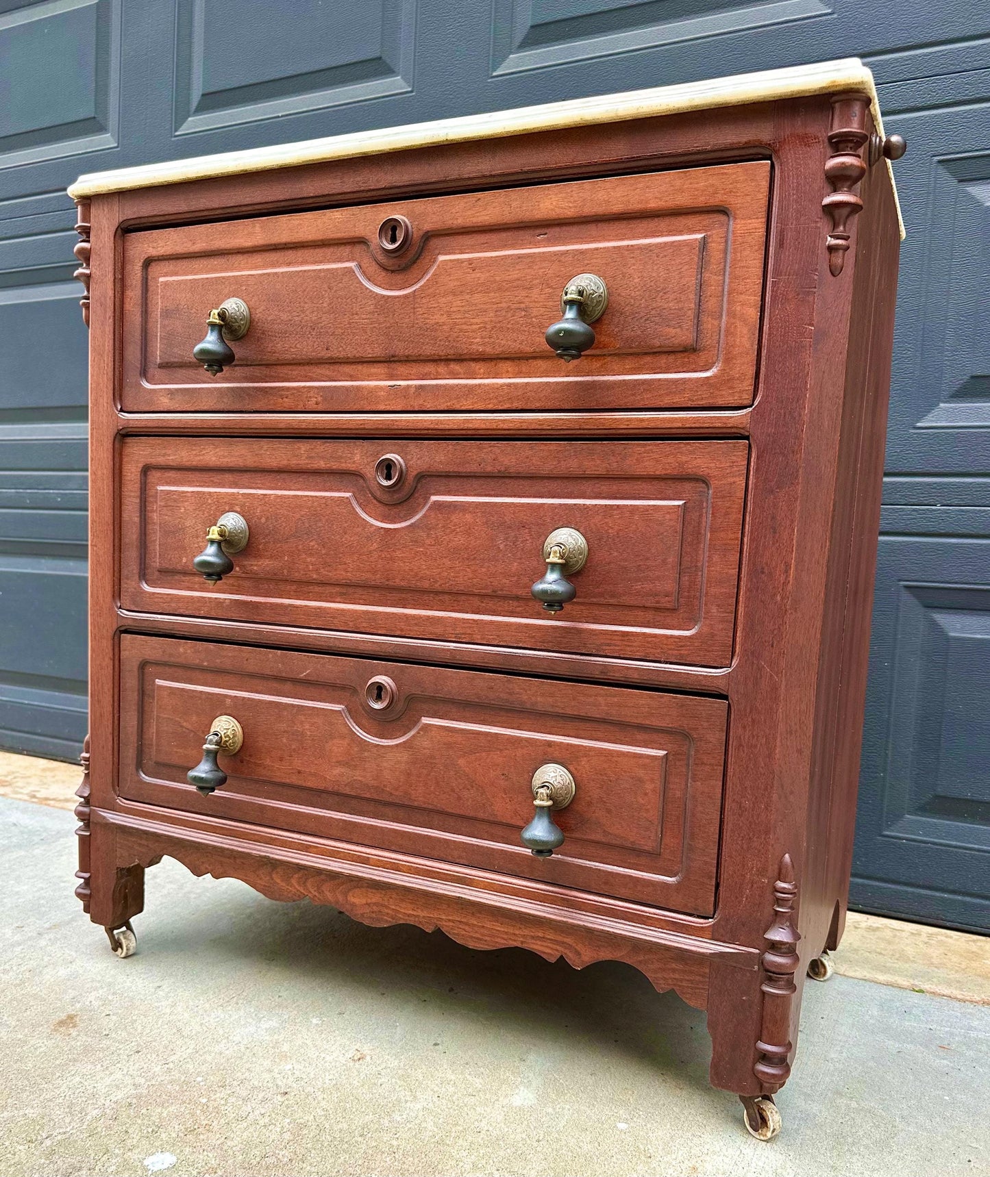 Antique Late 19th Century Solid Walnut Marble Top Eastlake Washstand Chest with Porcelain Casters & Pull Out Towel Bar 30" Wide