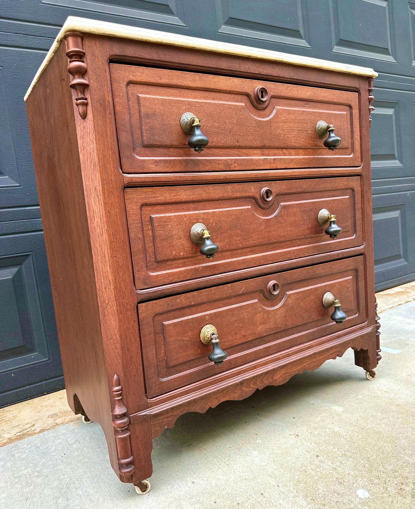 Antique Late 19th Century Solid Walnut Marble Top Eastlake Washstand Chest with Porcelain Casters & Pull Out Towel Bar 30" Wide
