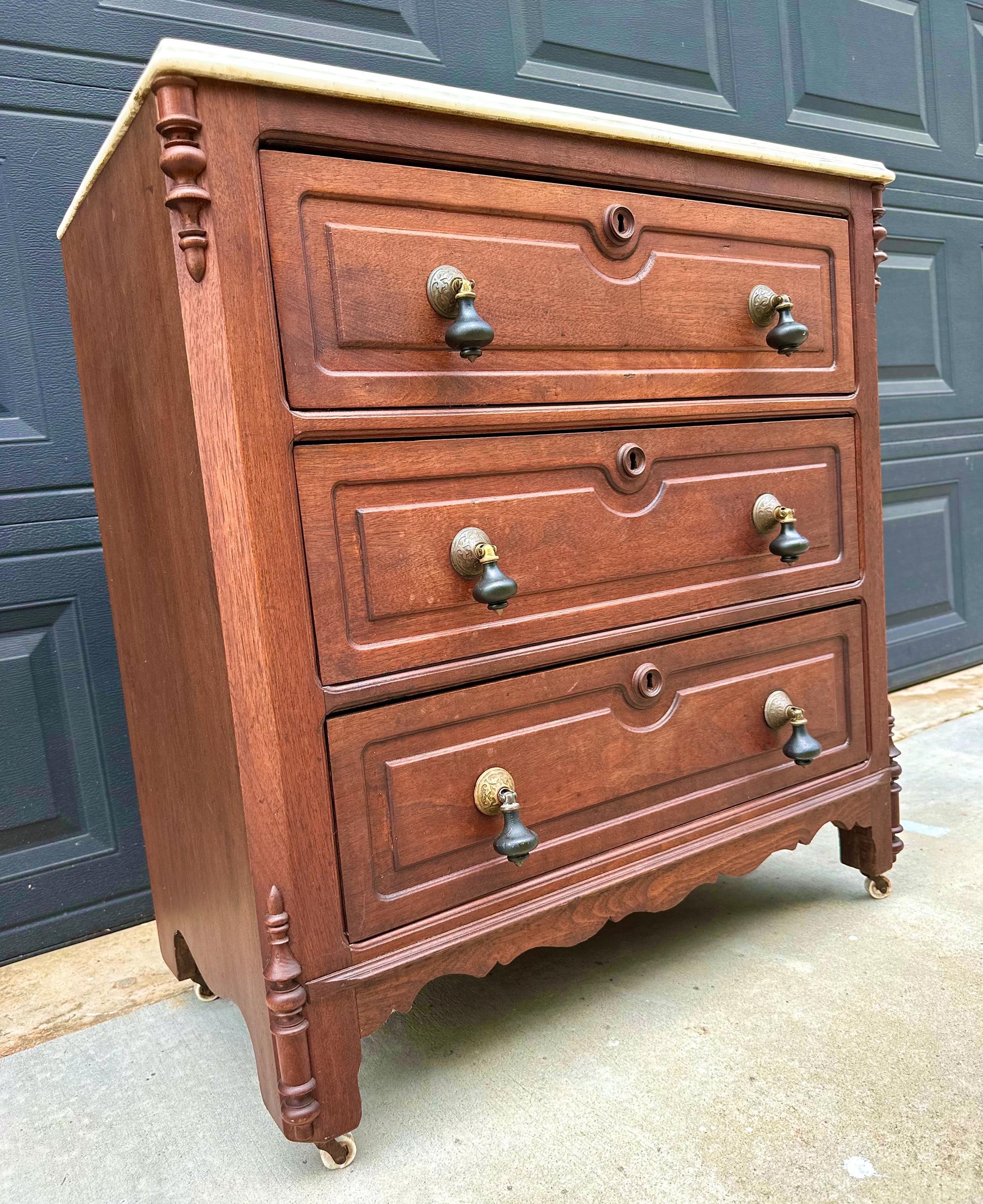 Antique Late 19th Century Solid Walnut Marble Top Eastlake Washstand Chest with Porcelain Casters & Pull Out Towel Bar 30" Wide