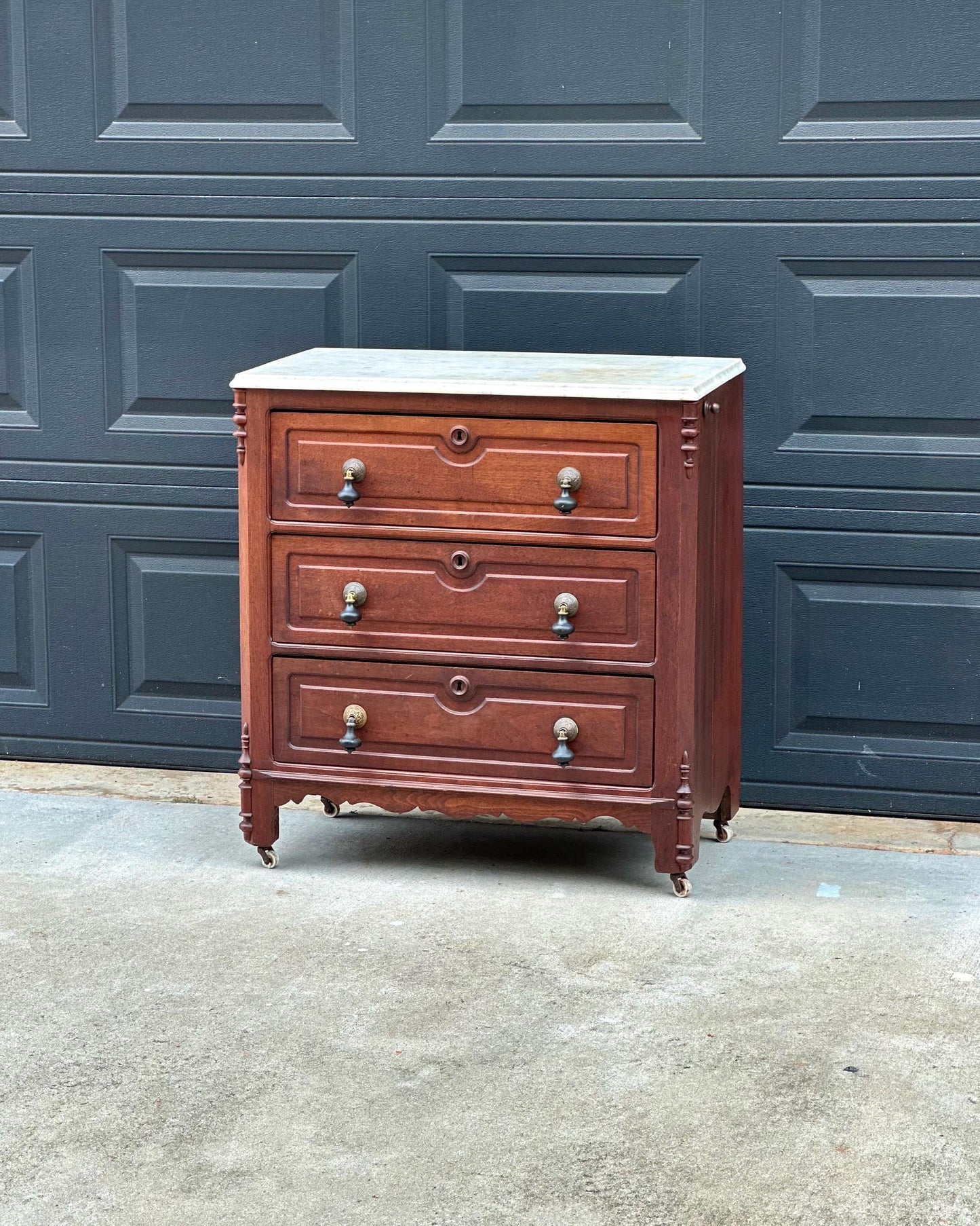 Antique Late 19th Century Solid Walnut Marble Top Eastlake Washstand Chest with Porcelain Casters & Pull Out Towel Bar 30" Wide