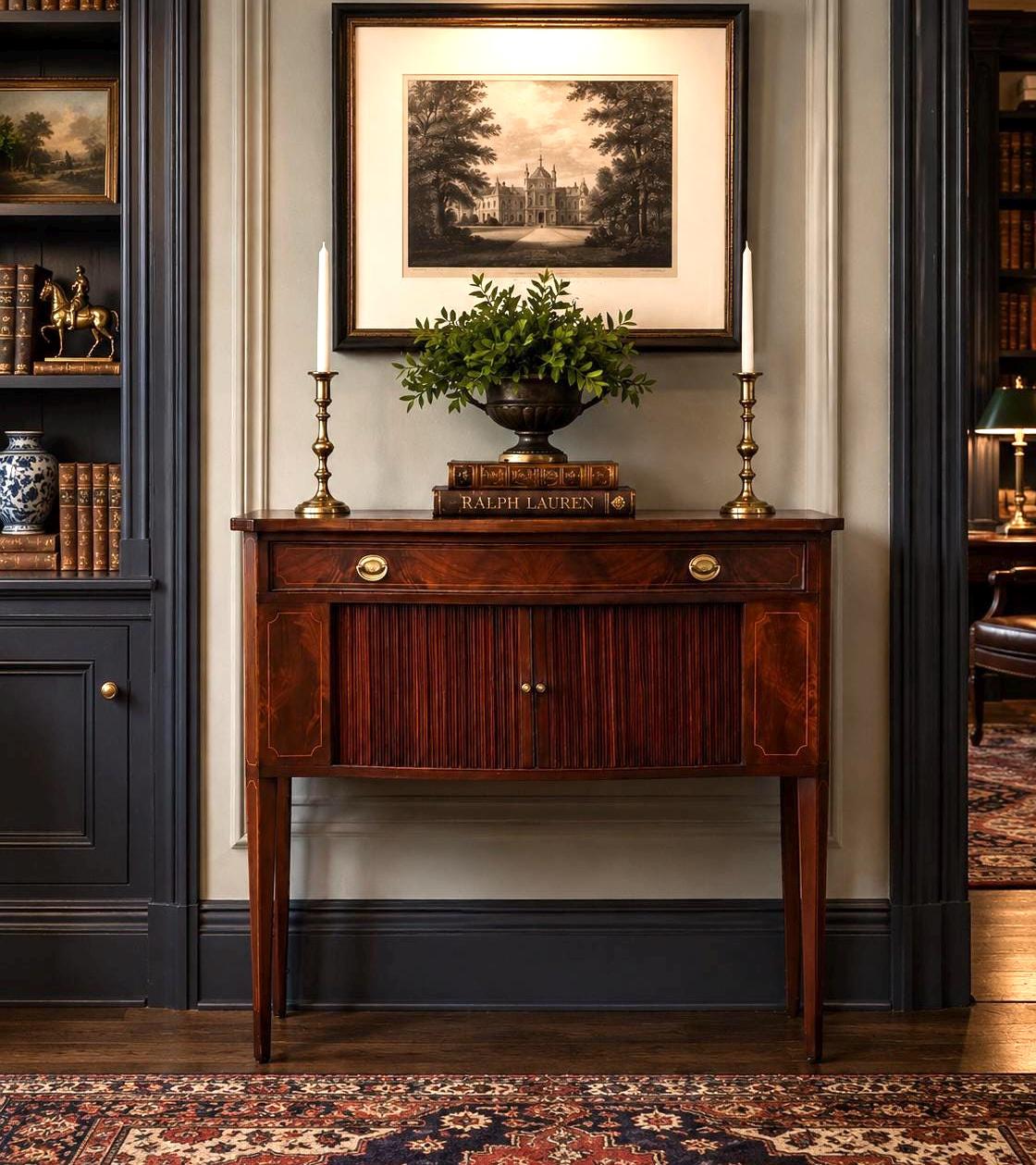 Vintage Mid 20th Century Crotch Mahogany Bowfront Tambour Console Cabinet with Drawer Storage 42" Wide