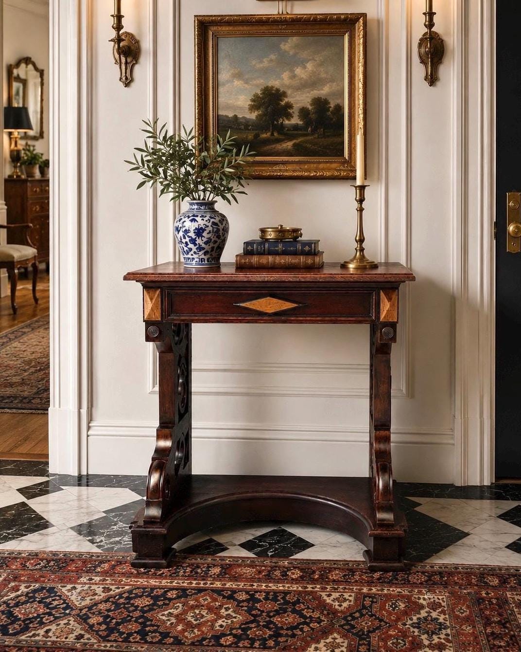 Antique Mid 19th Century Two Tone Mahogany Single Drawer Decorative Accent Carved Entry Table 31" Wide