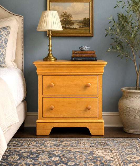 Vintage Late 20th Century Light Wood Turned Knob Storage Nightstand 26" Wide