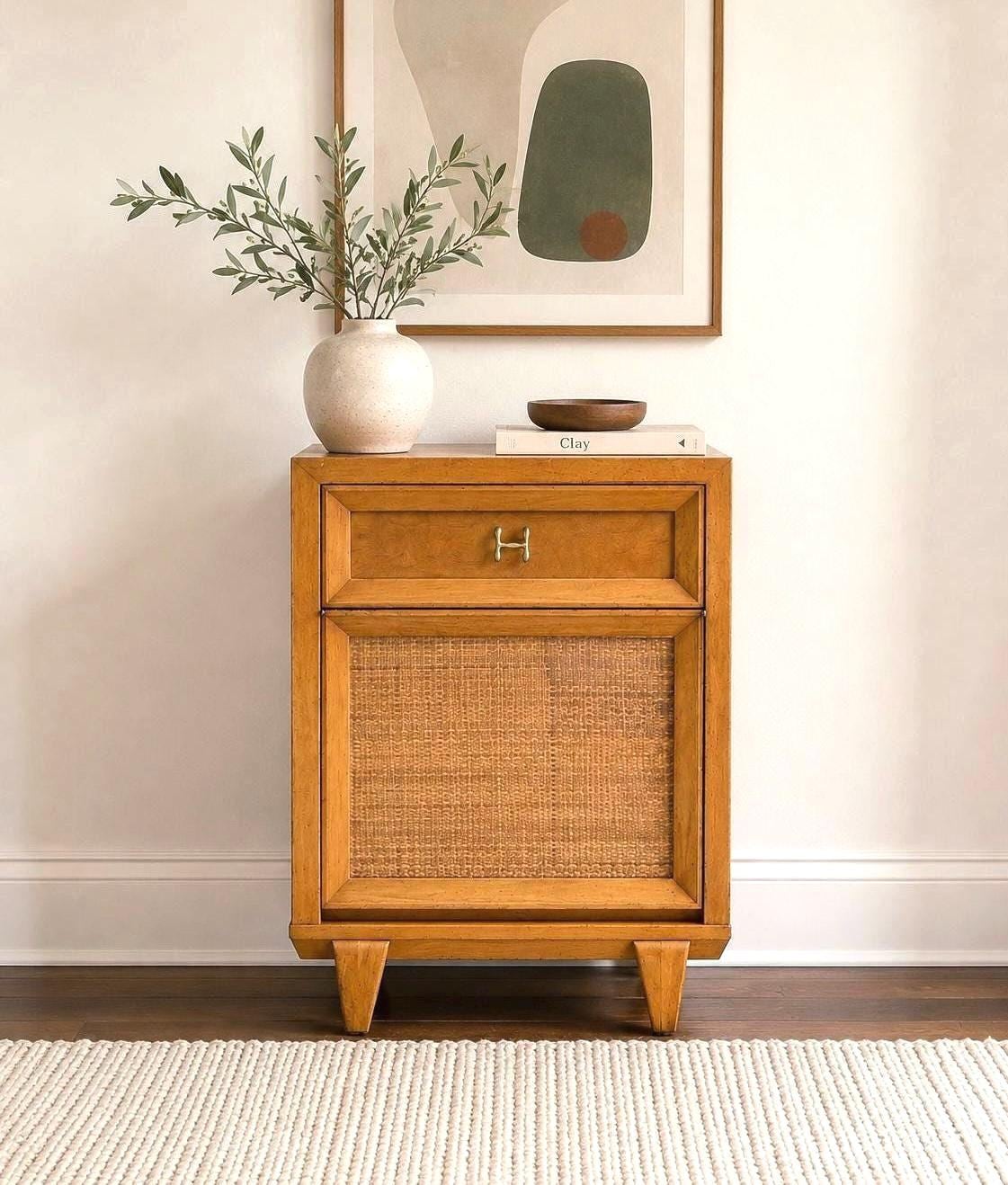 Vintage Authentic Mid Century Honey Maple & Woven Cane Pull Up Tray Bedside Chest with Enclosed Shelving 20" Wide