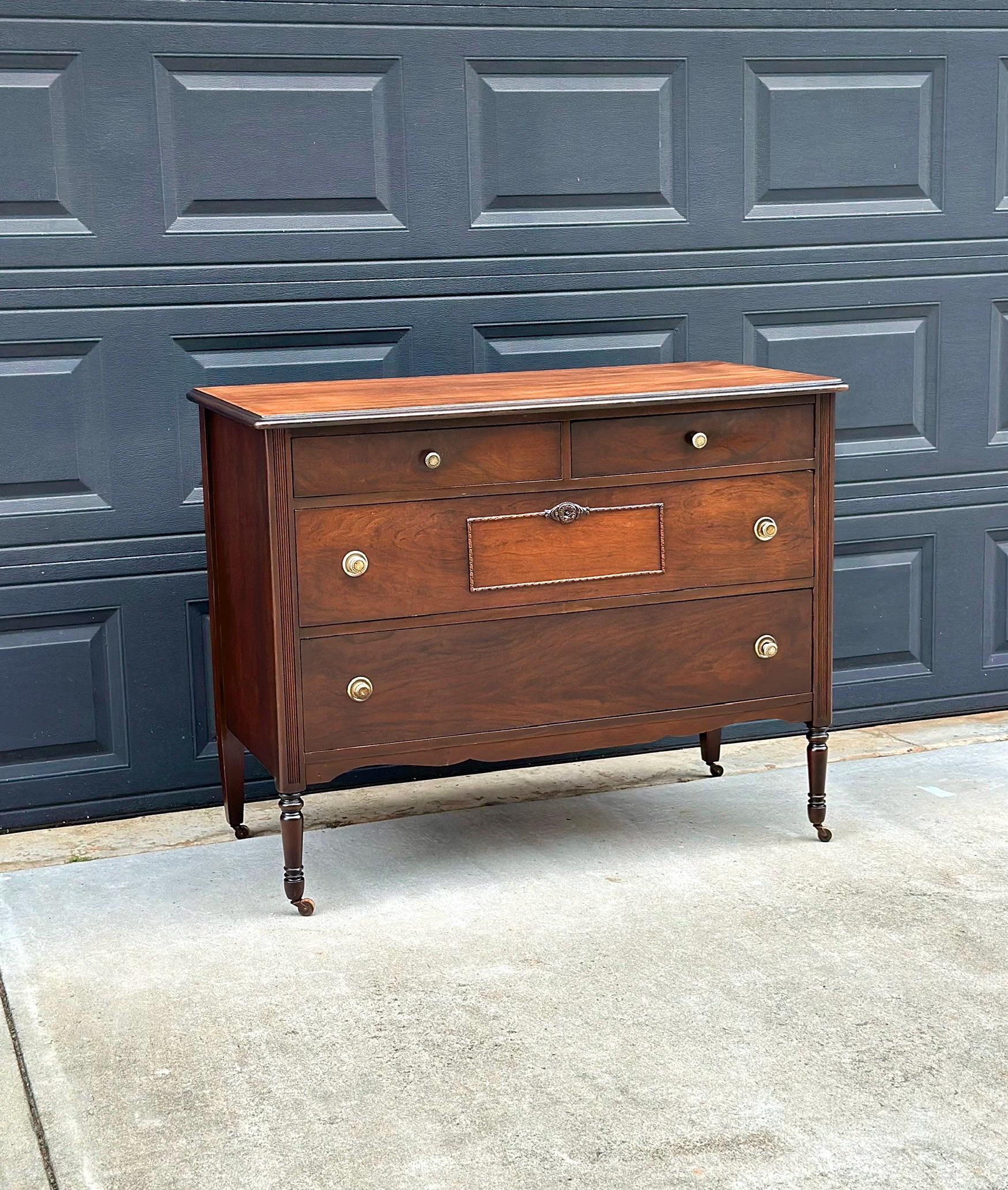 Antique Early 20th Century Federal Walnut Wood Chest of Drawers on Casters 44.75" Wide