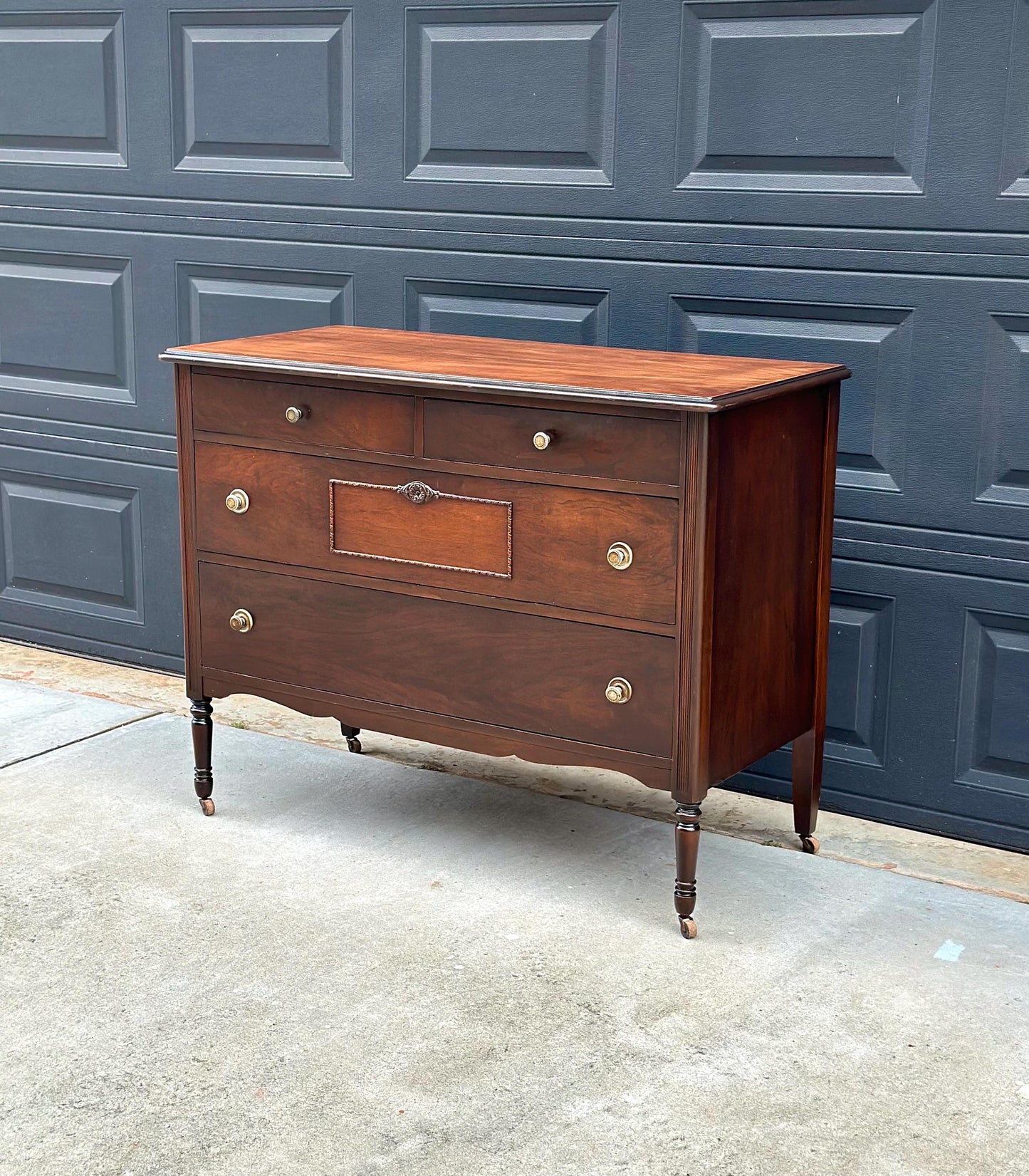Antique Early 20th Century Federal Walnut Wood Chest of Drawers on Casters 44.75" Wide
