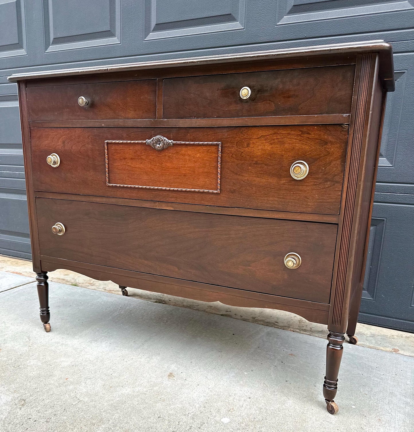 Antique Early 20th Century Federal Walnut Wood Chest of Drawers on Casters 44.75" Wide