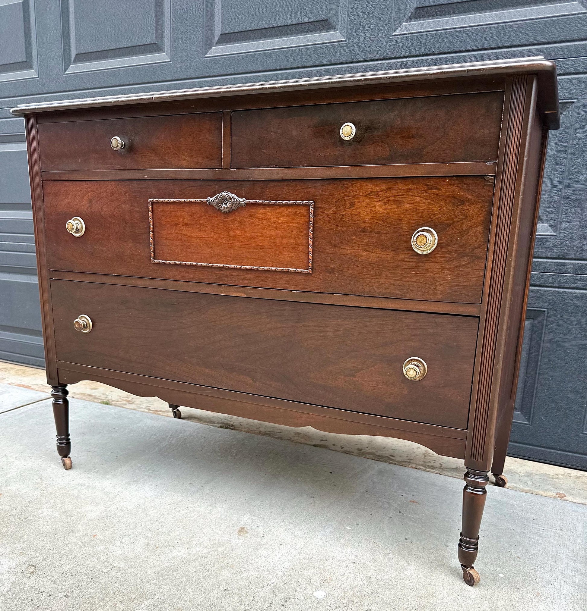 Antique Early 20th Century Federal Walnut Wood Chest of Drawers on Casters 44.75" Wide