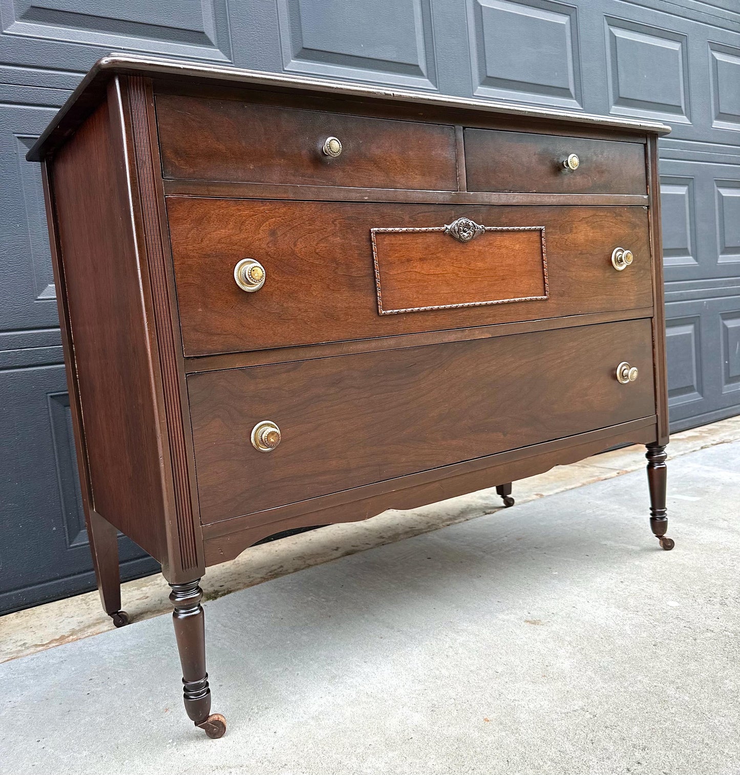 Antique Early 20th Century Federal Walnut Wood Chest of Drawers on Casters 44.75" Wide