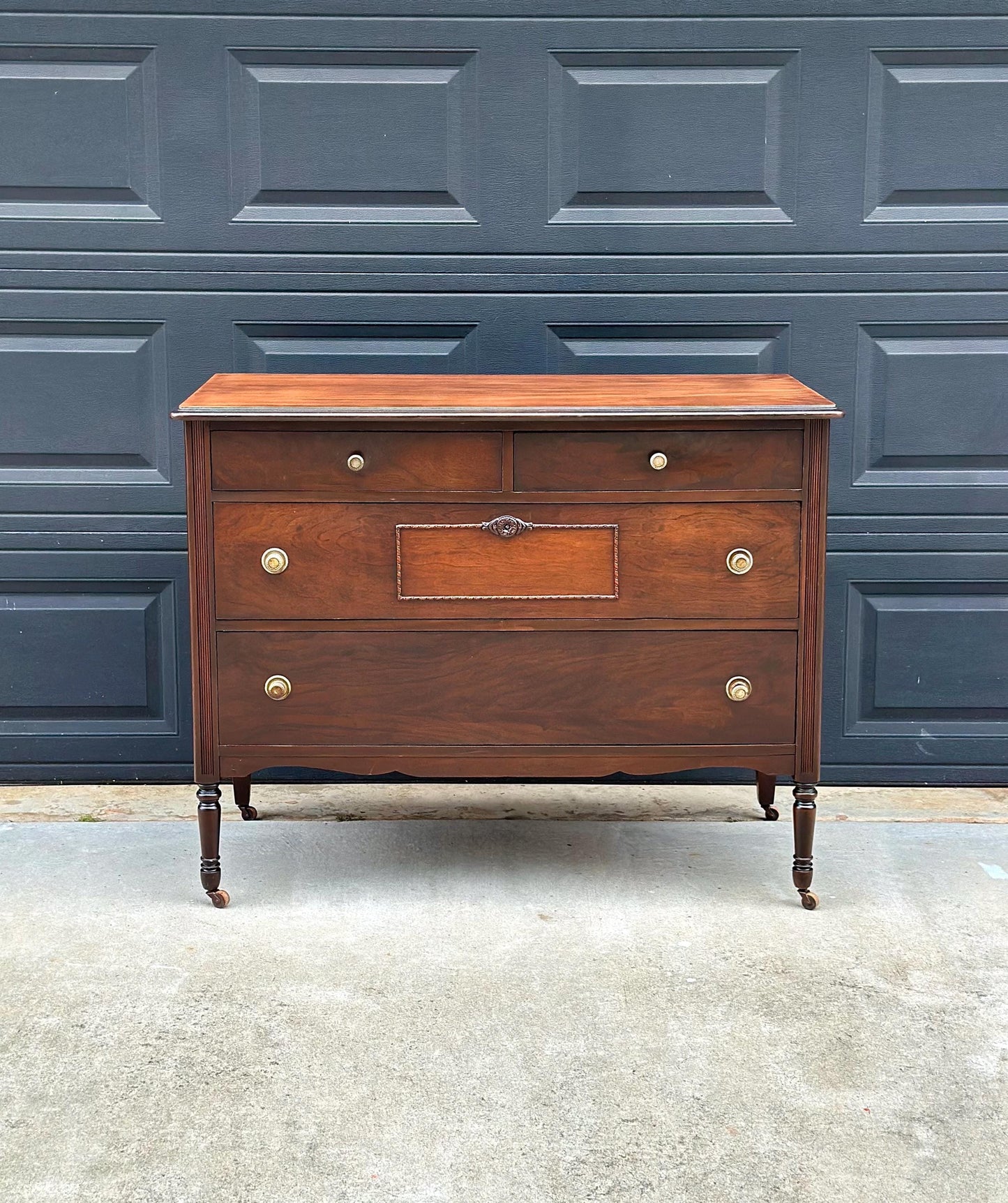 Antique Early 20th Century Federal Walnut Wood Chest of Drawers on Casters 44.75" Wide