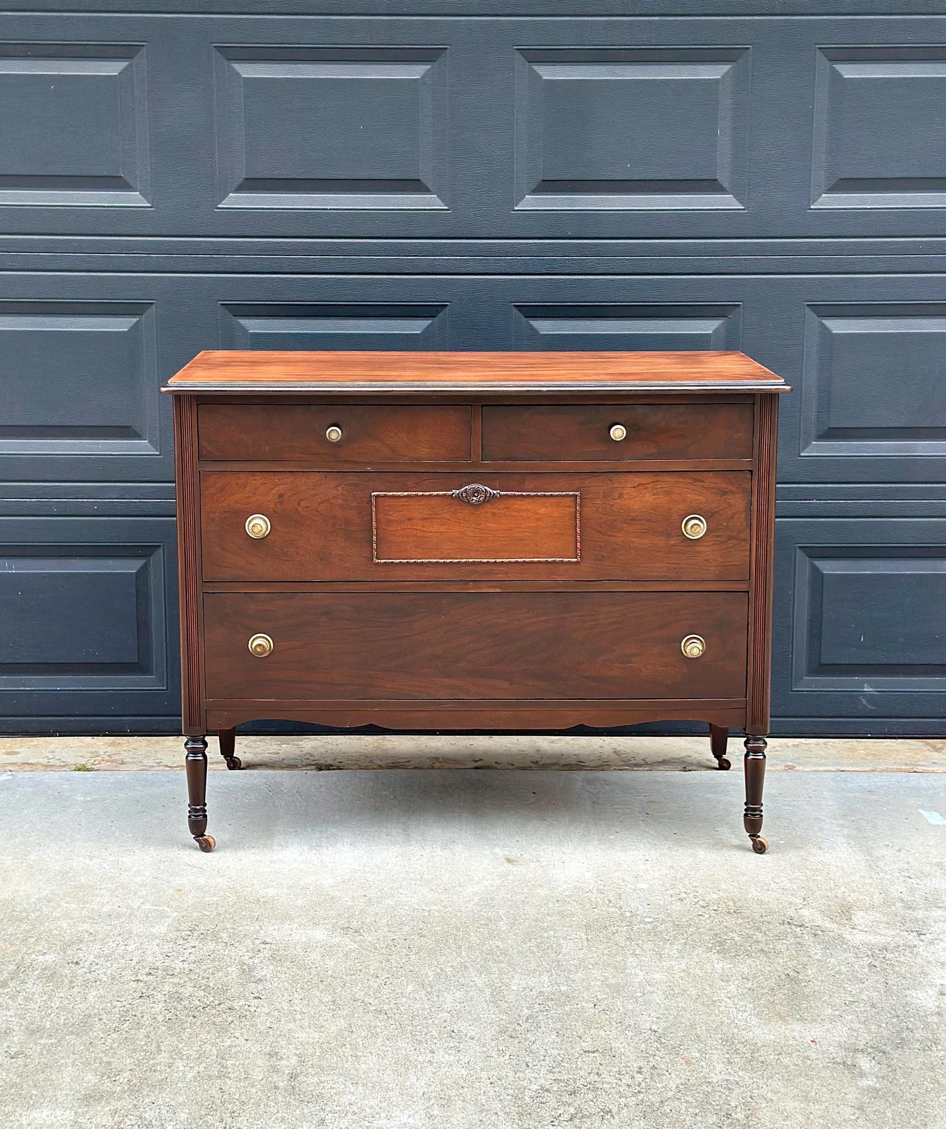 Antique Early 20th Century Federal Walnut Wood Chest of Drawers on Casters 44.75" Wide