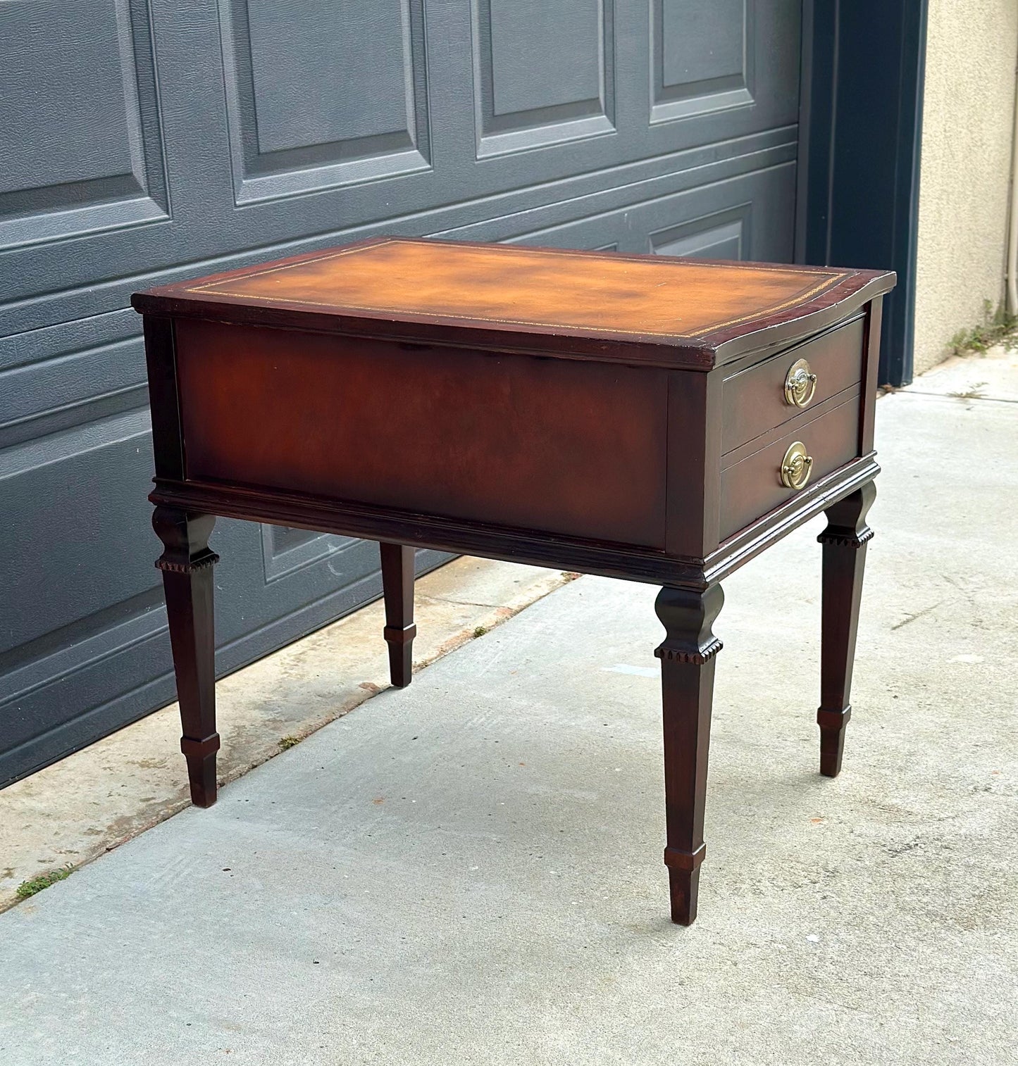 Vintage Mid 20th Century Mahogany & Leather End Table with Drawer Storage 20" Wide