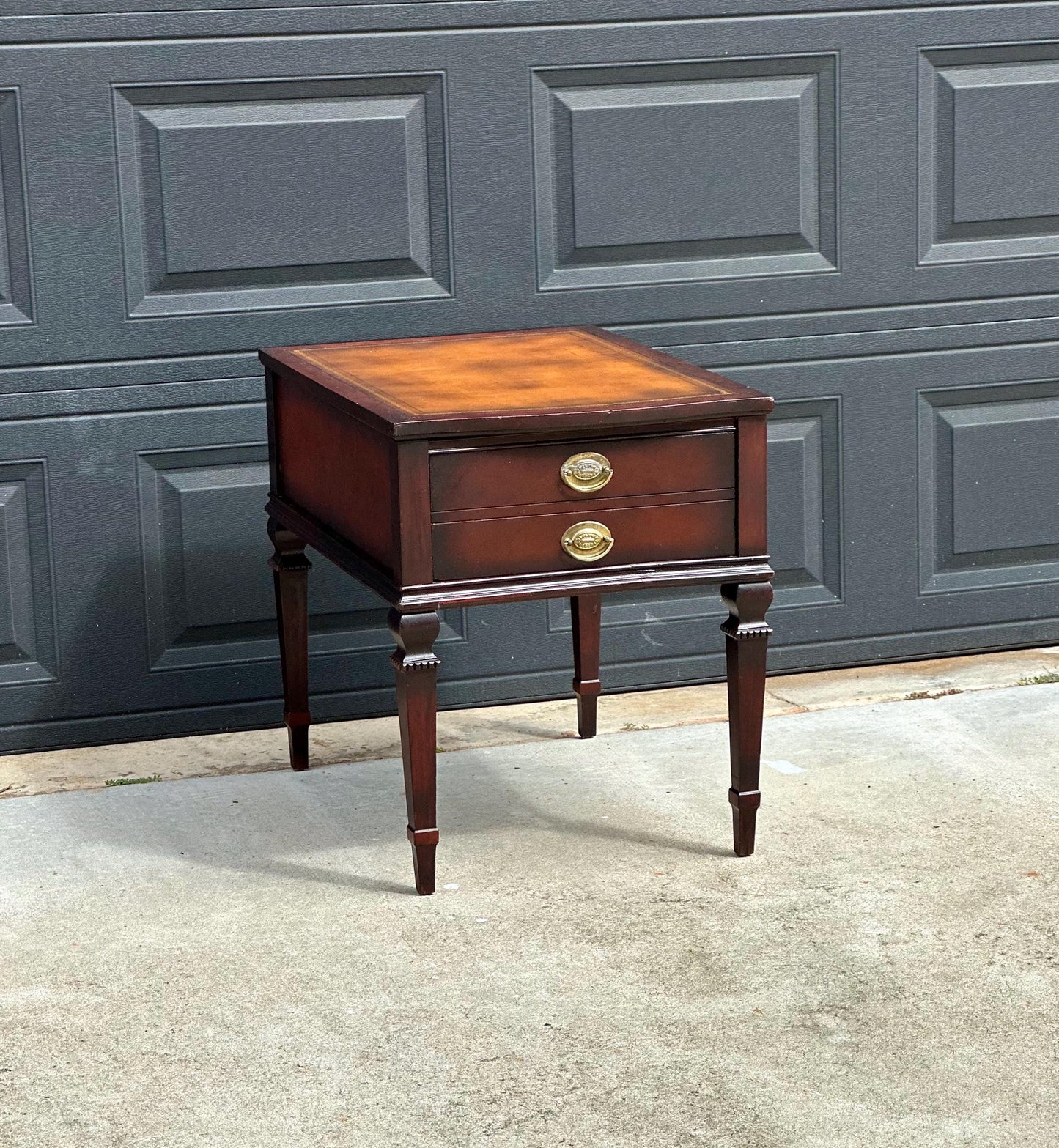 Vintage Mid 20th Century Mahogany & Leather End Table with Drawer Storage 20" Wide