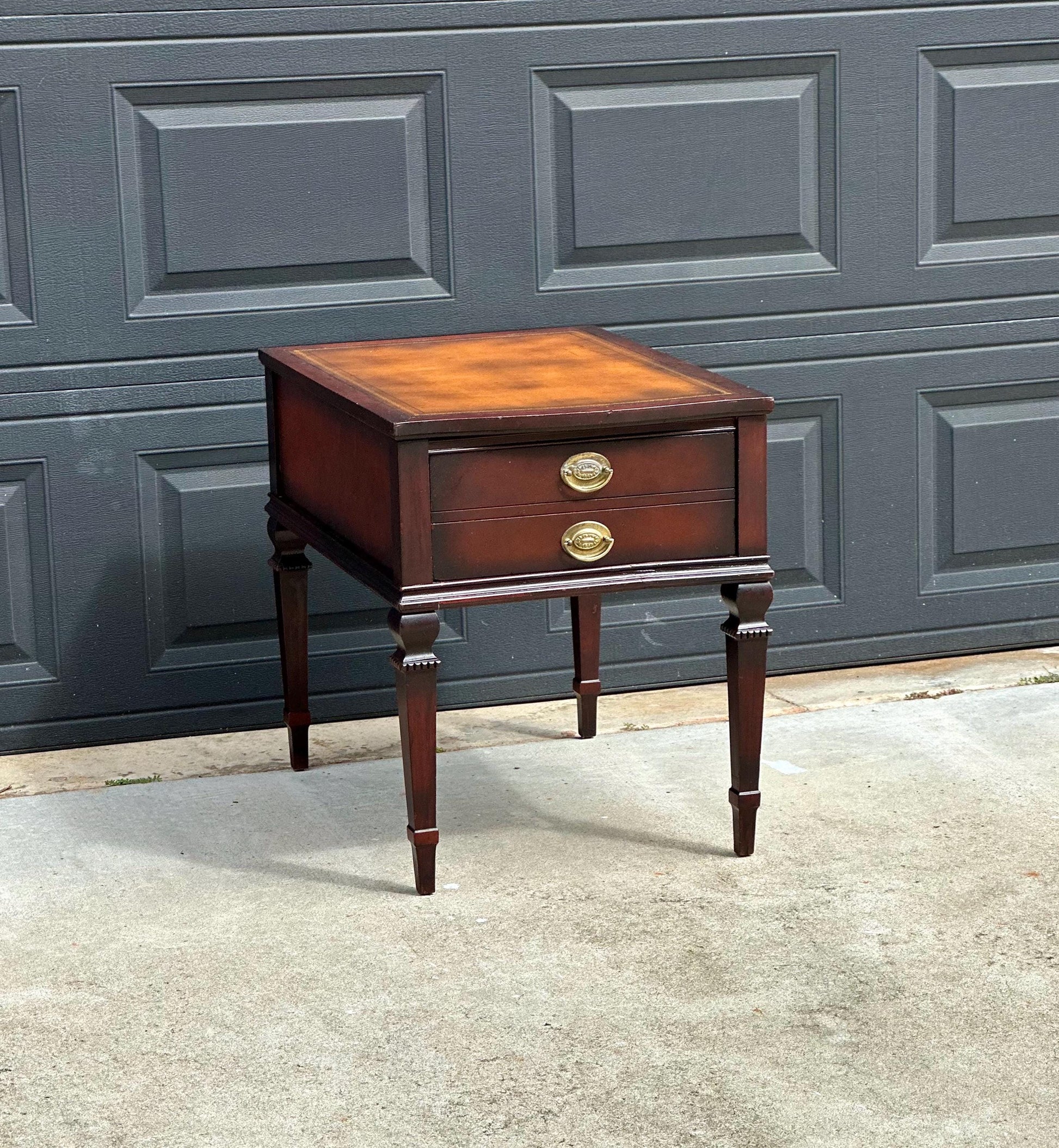 Vintage Mid 20th Century Mahogany & Leather End Table with Drawer Storage 20" Wide