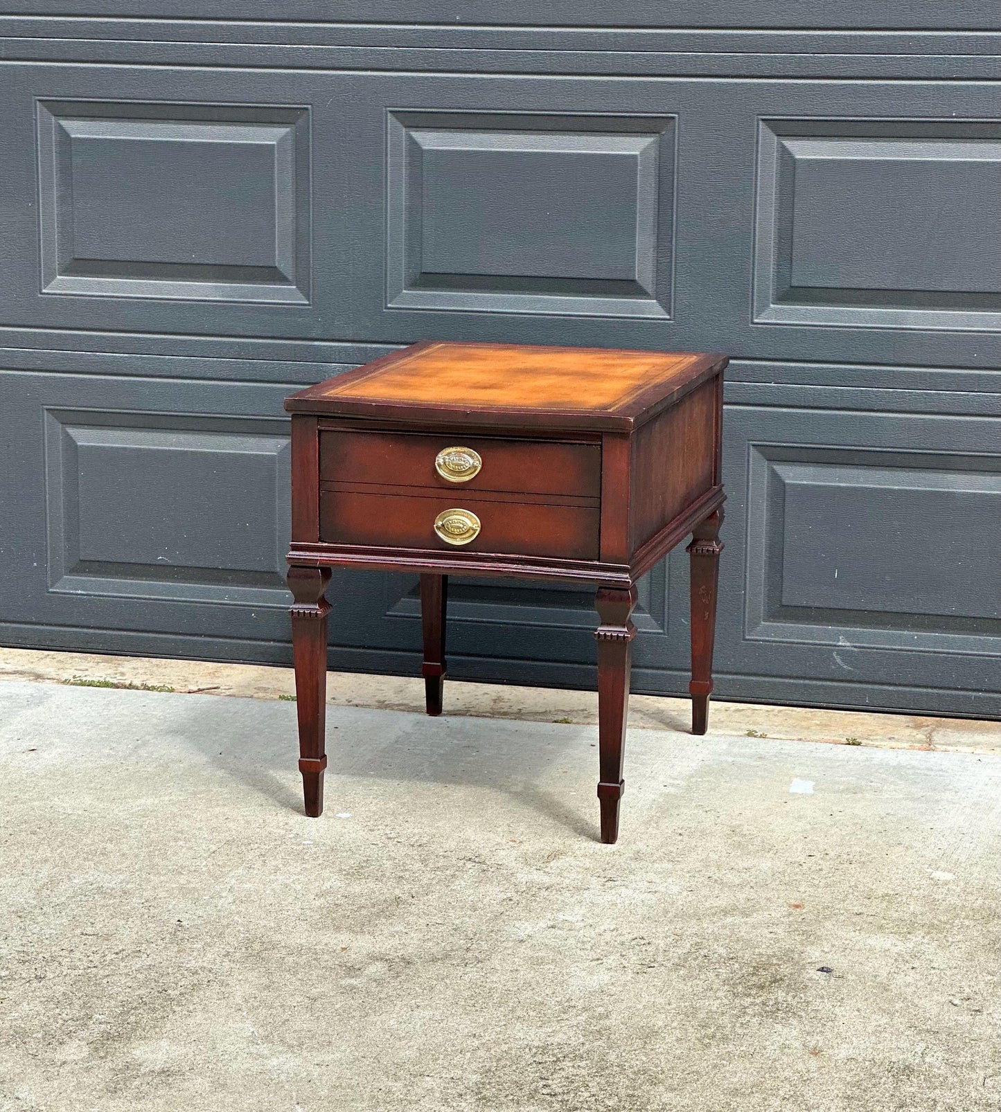 Vintage Mid 20th Century Mahogany & Leather End Table with Drawer Storage 20" Wide