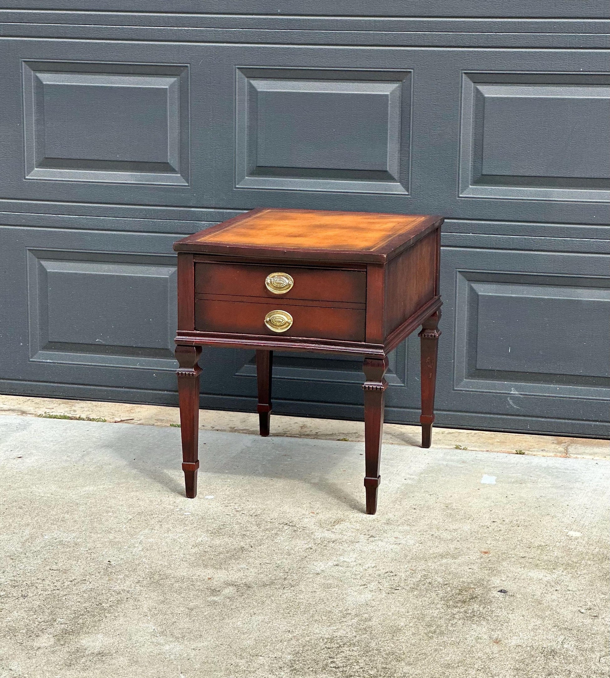 Vintage Mid 20th Century Mahogany & Leather End Table with Drawer Storage 20" Wide