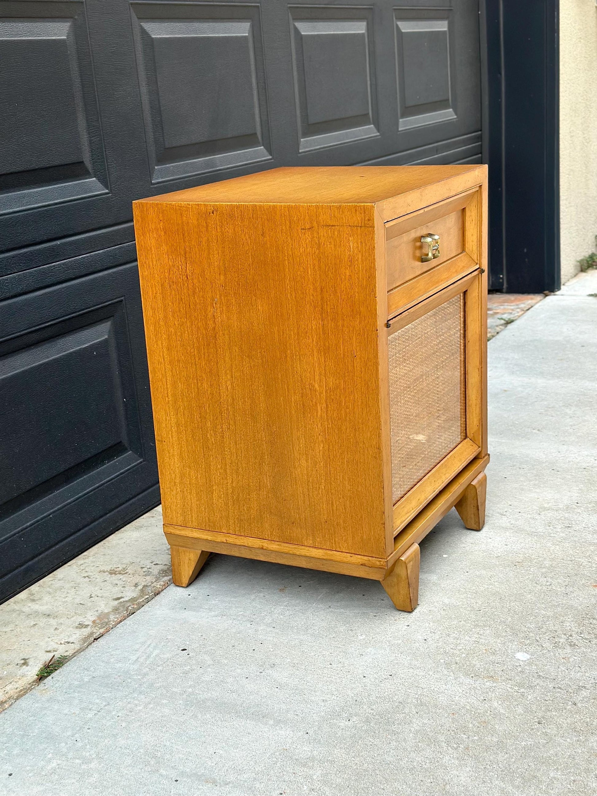 Vintage Authentic Mid Century Honey Maple & Woven Cane Pull Up Tray Bedside Chest with Enclosed Shelving 20" Wide