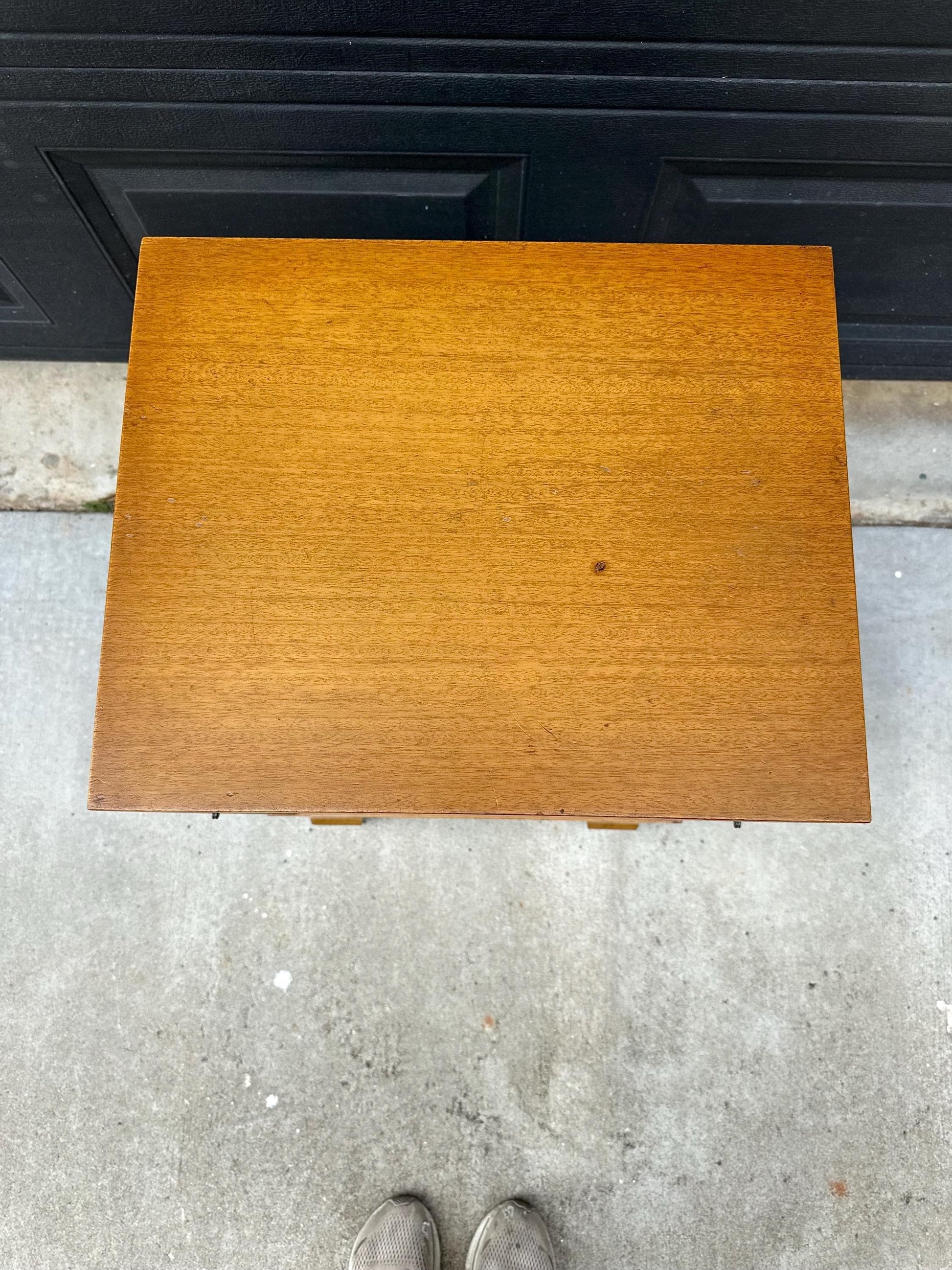 Vintage Authentic Mid Century Honey Maple & Woven Cane Pull Up Tray Bedside Chest with Enclosed Shelving 20" Wide