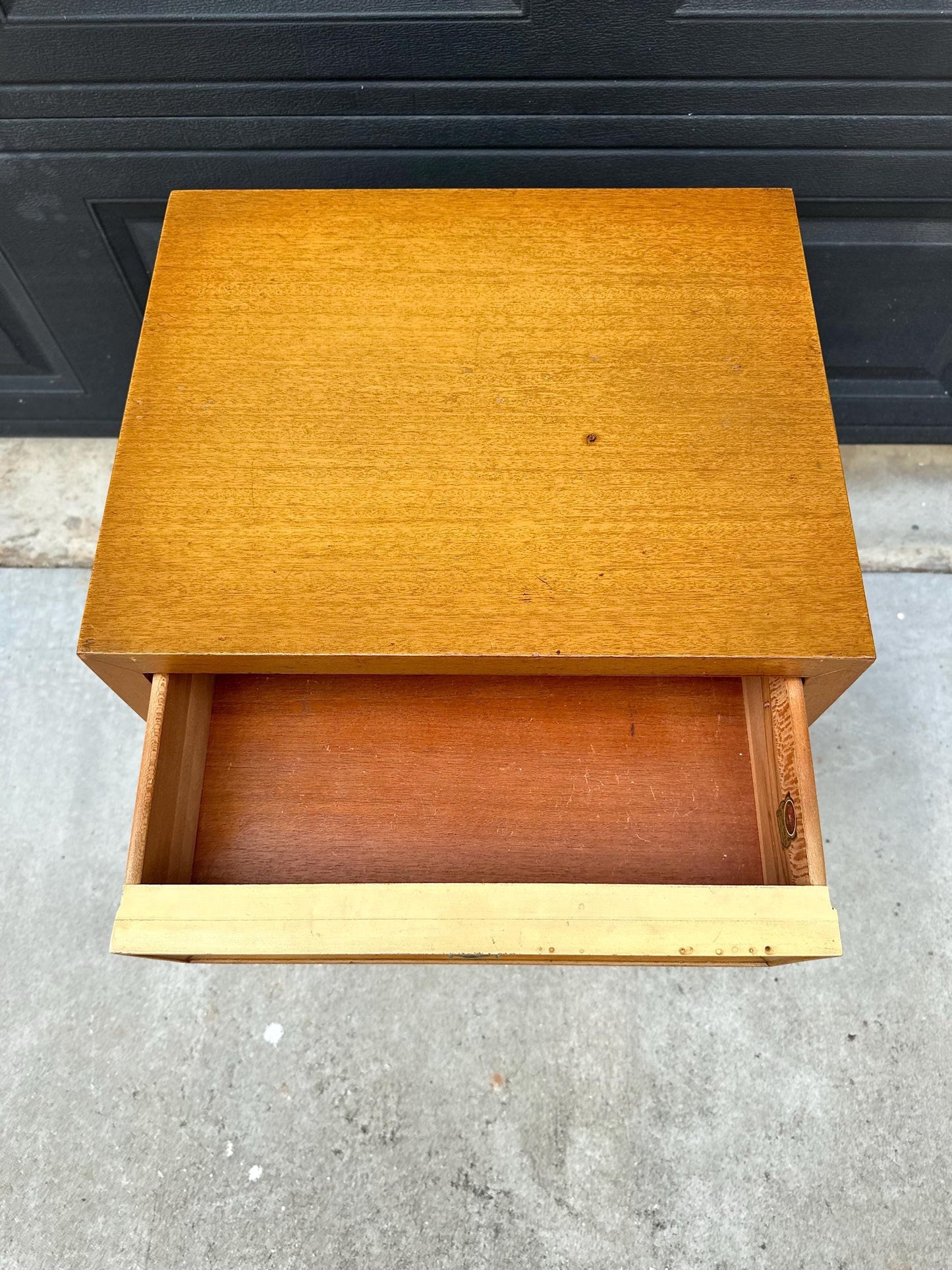 Vintage Authentic Mid Century Honey Maple & Woven Cane Pull Up Tray Bedside Chest with Enclosed Shelving 20" Wide
