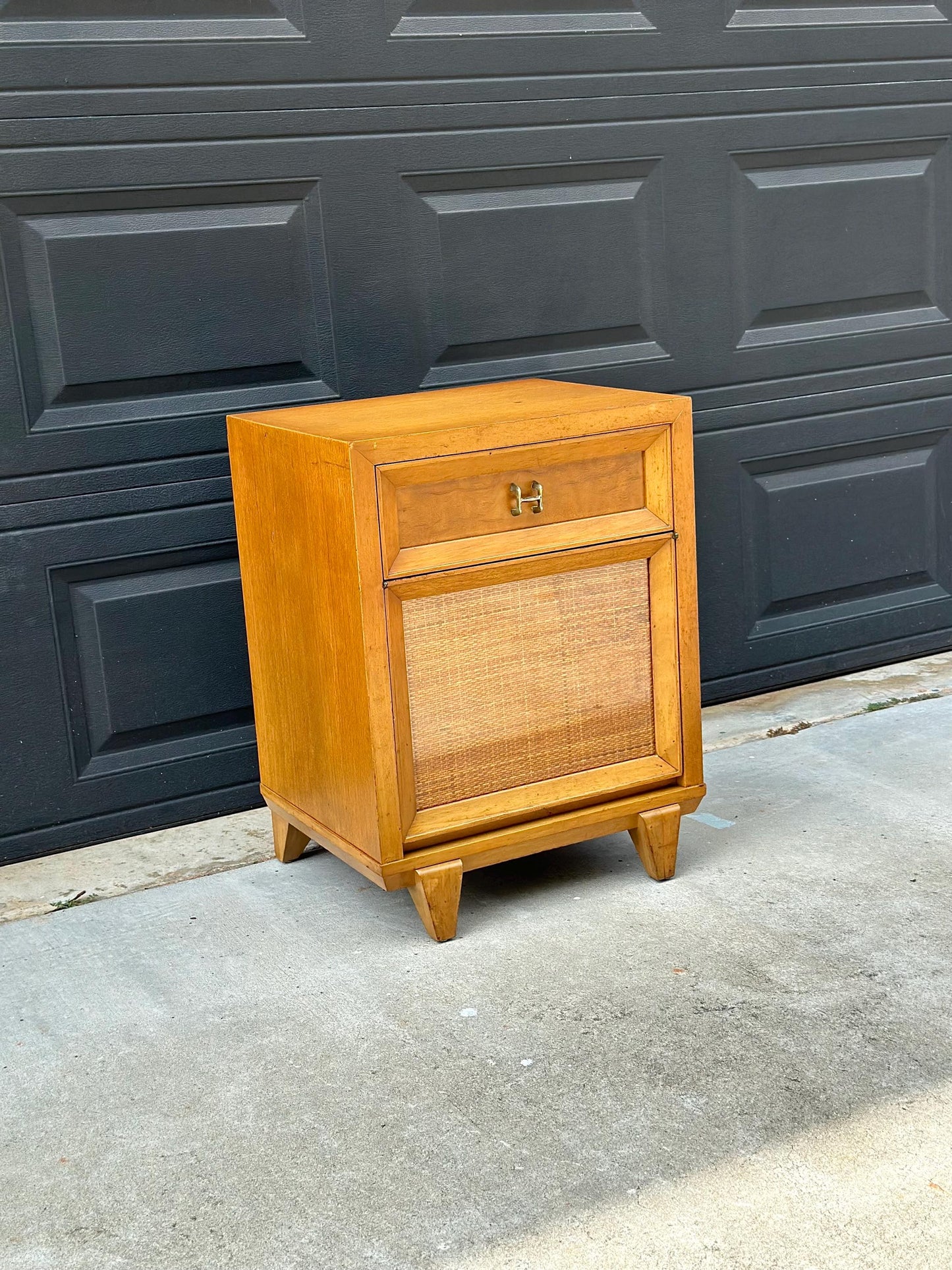 Vintage Authentic Mid Century Honey Maple & Woven Cane Pull Up Tray Bedside Chest with Enclosed Shelving 20" Wide