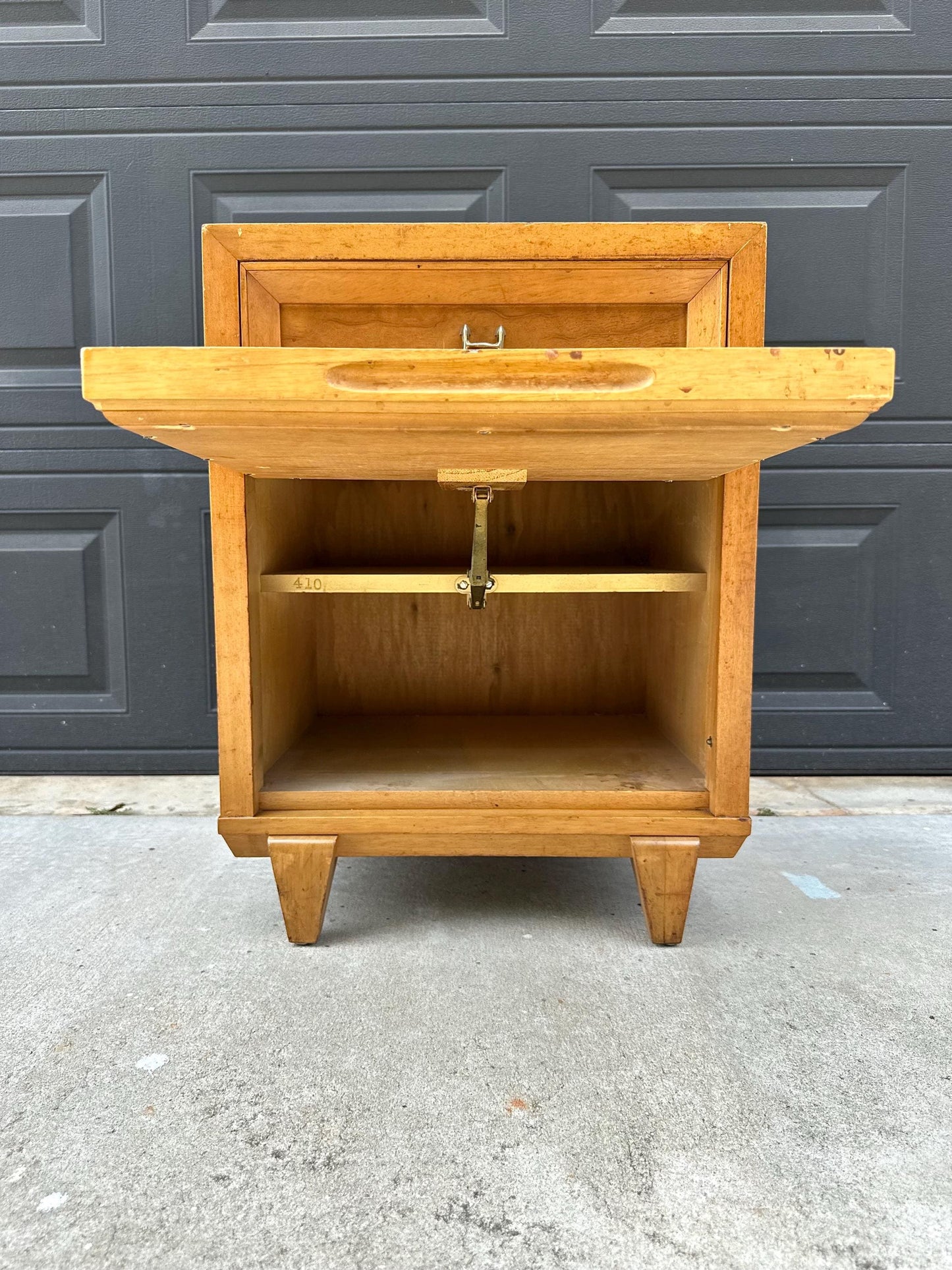 Vintage Authentic Mid Century Honey Maple & Woven Cane Pull Up Tray Bedside Chest with Enclosed Shelving 20" Wide